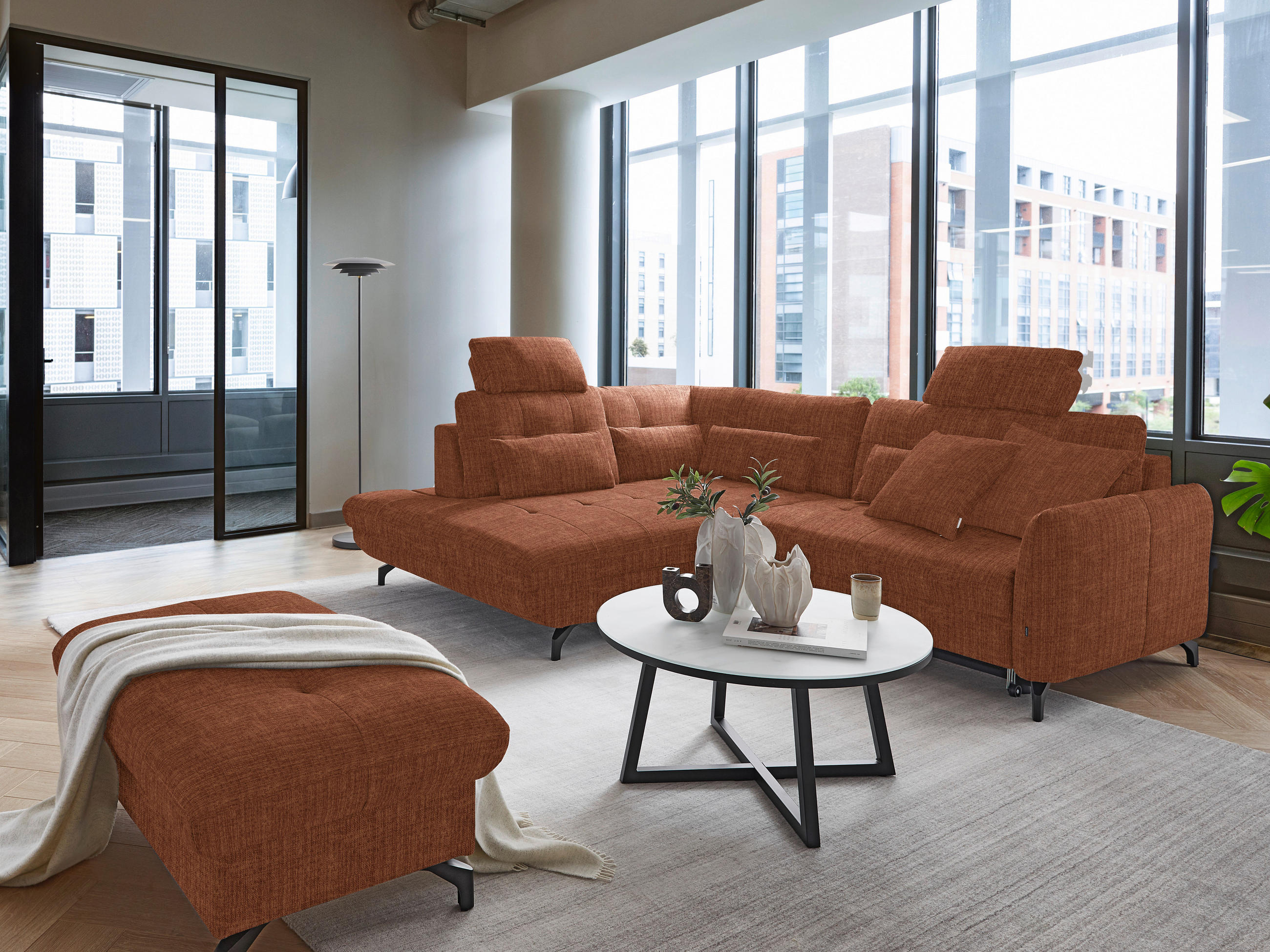 ECKSOFA in Flachgewebe, Leinenoptik Cognac 208/247 cm - Cognac/Schwarz, Design, Textil/Metall (208/247cm) - Xora