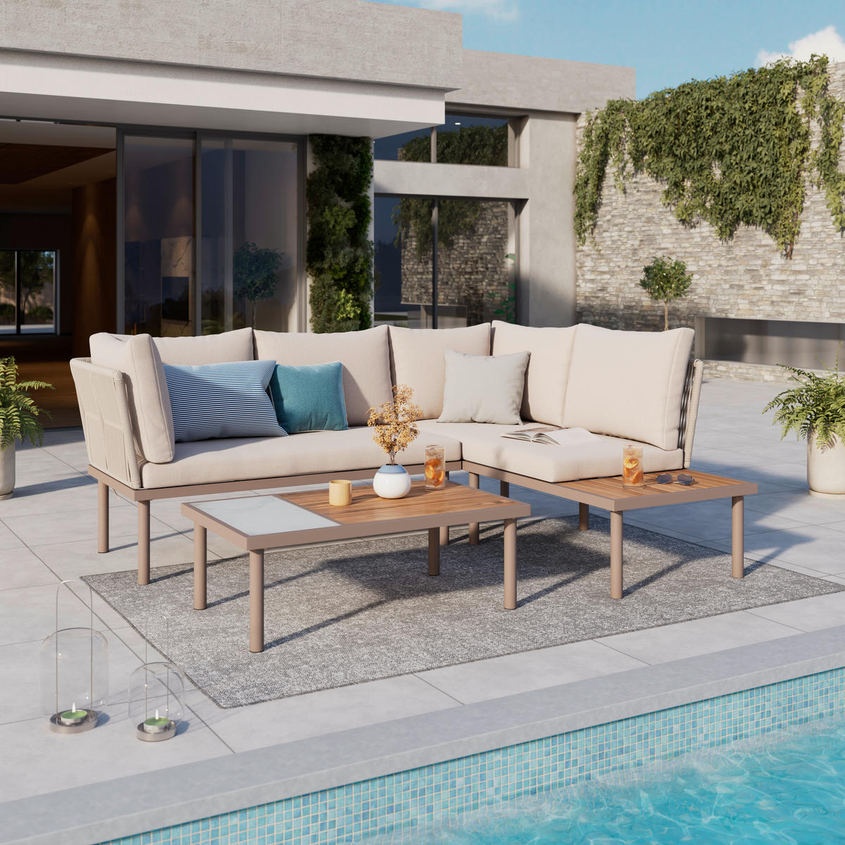 LOUNGEGARNITUR    - Creme/Akaziefarben, Modern, Holz/Textil (215l) - Ambia Garden