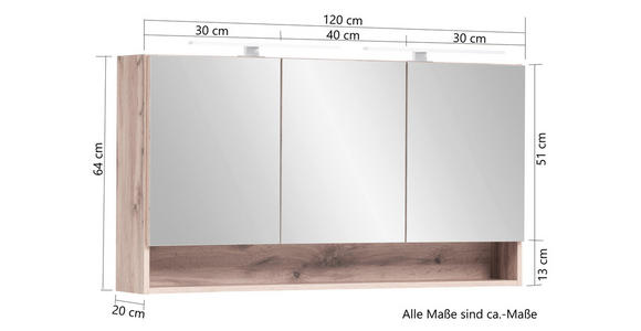 SPIEGELSCHRANK 120/64/20 cm  - Graphitfarben/Alufarben, Natur, Glas/Holzwerkstoff (120/64/20cm) - Xora