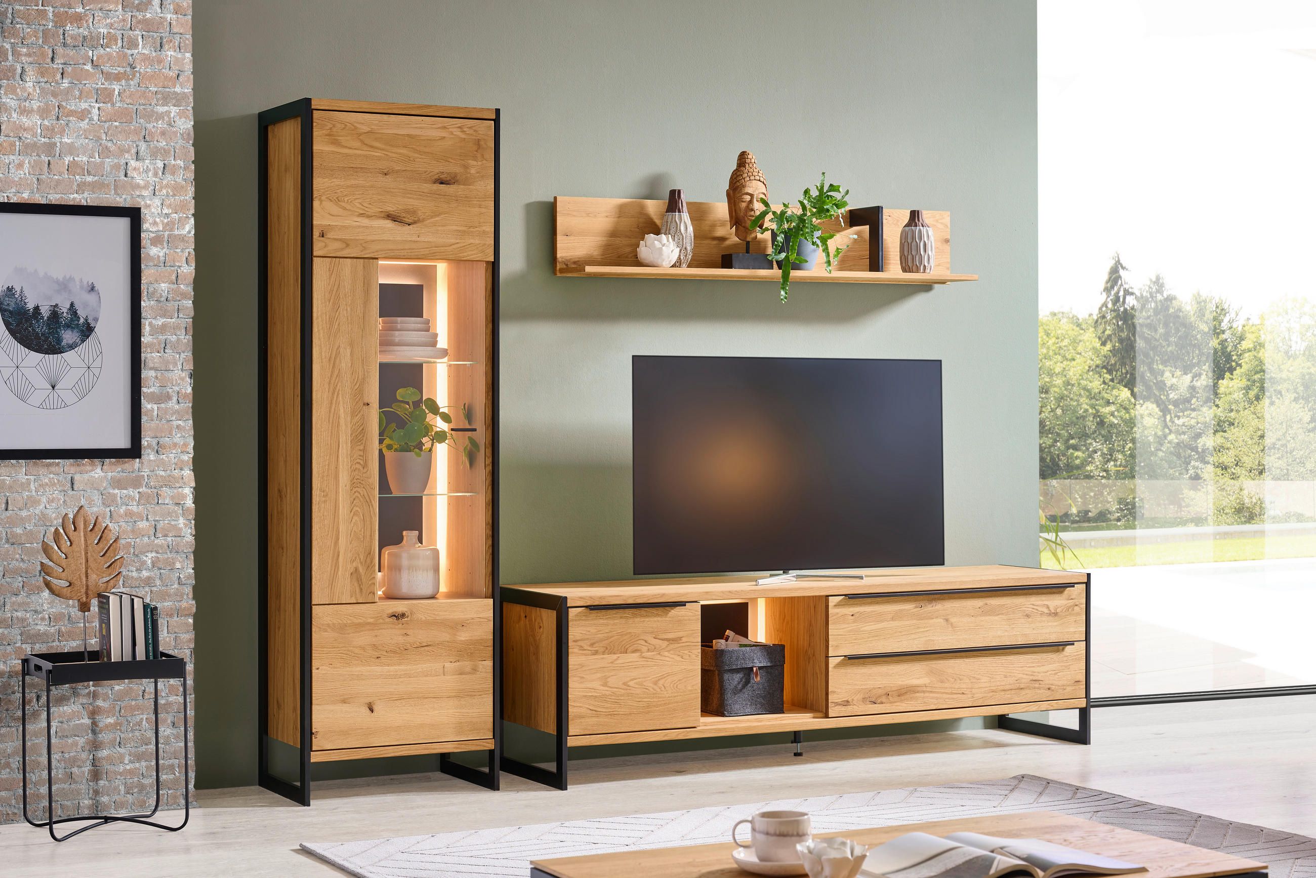 WOHNWAND  in Schwarz, Eichefarben  255/201/50 cm  - Eichefarben/Eschefarben, Natur, Glas/Holz (255/201/50cm) - Linea Natura
