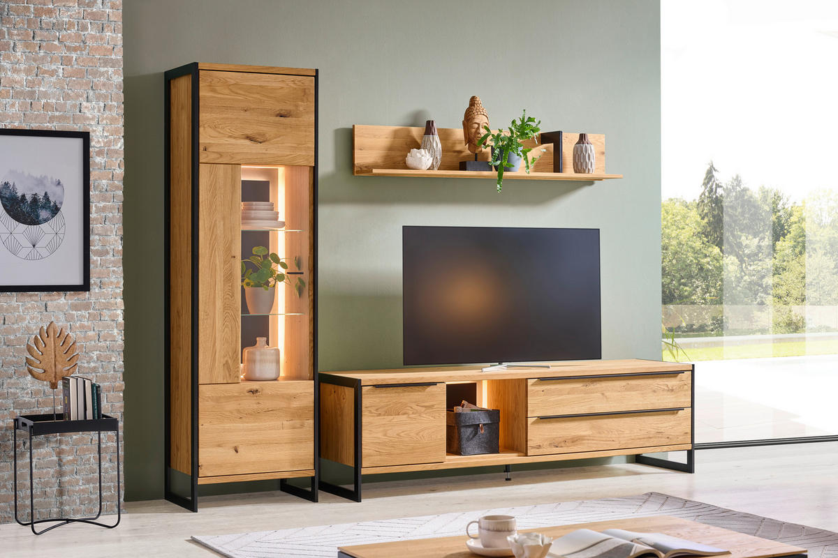 WOHNWAND  in Schwarz, Eichefarben  255/201/50 cm  - Eichefarben/Eschefarben, Natur, Glas/Holz (255/201/50cm) - Linea Natura