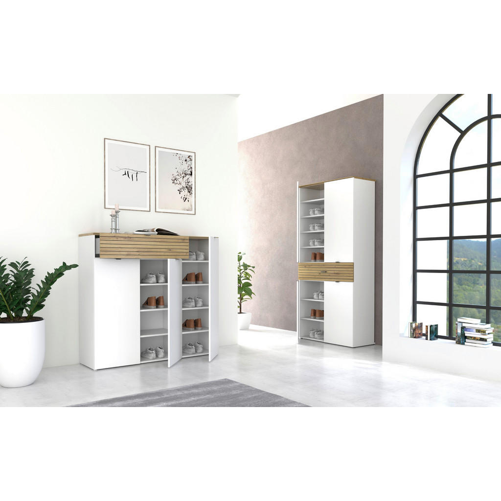 Thumbnail - Voleo Schuhschrank, Weiß, Eiche Artisan, Metall, 7 Fächer, 1 Schublade(n) Schubladen, 136x125x41 cm, Typenauswahl, Beimö...