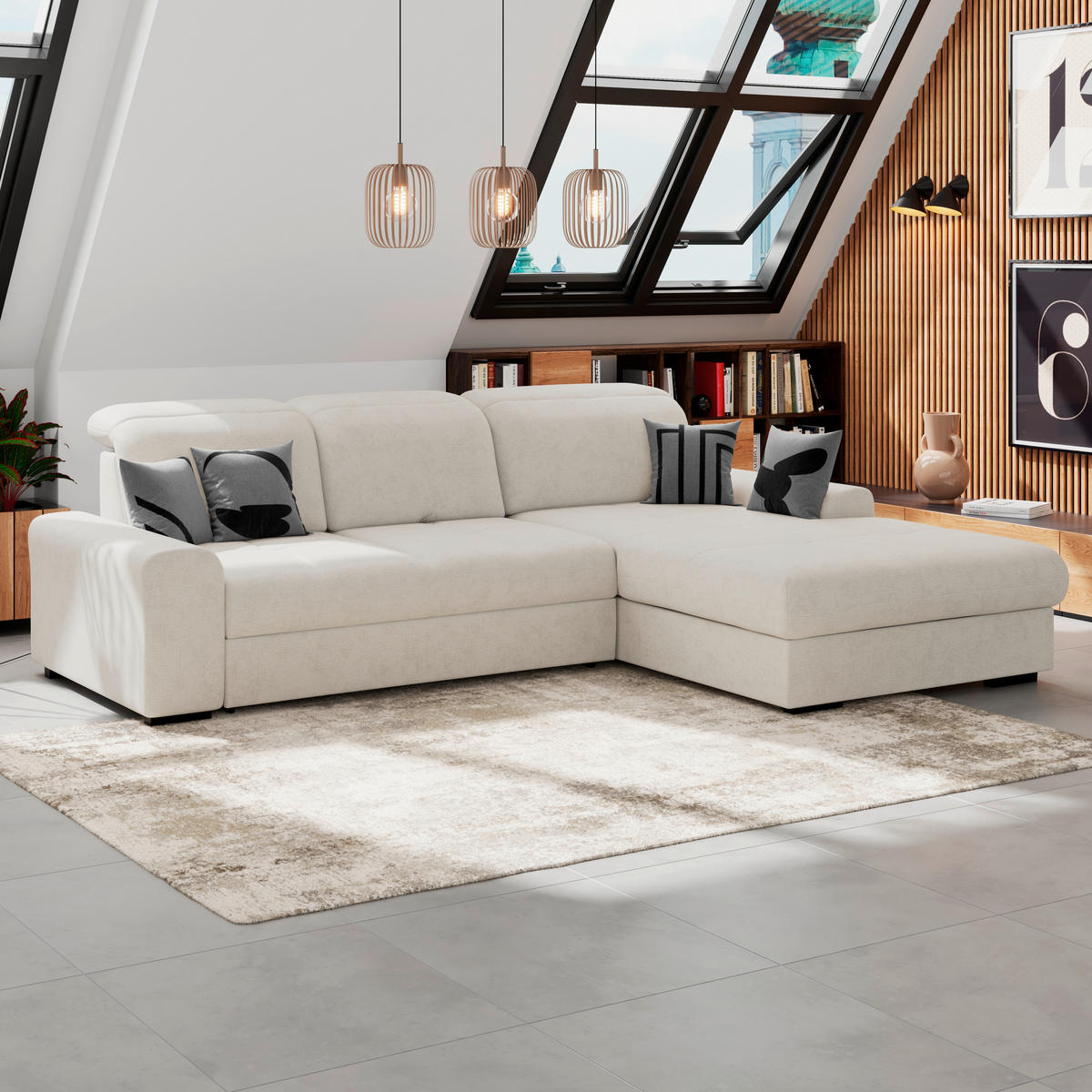 ECKSOFA Elfenbein Chenille Rücken echt, Kopfteilverstellung  - Elfenbein/Schwarz, KONVENTIONELL, Holz/Textil (286/203cm) - MID.YOU