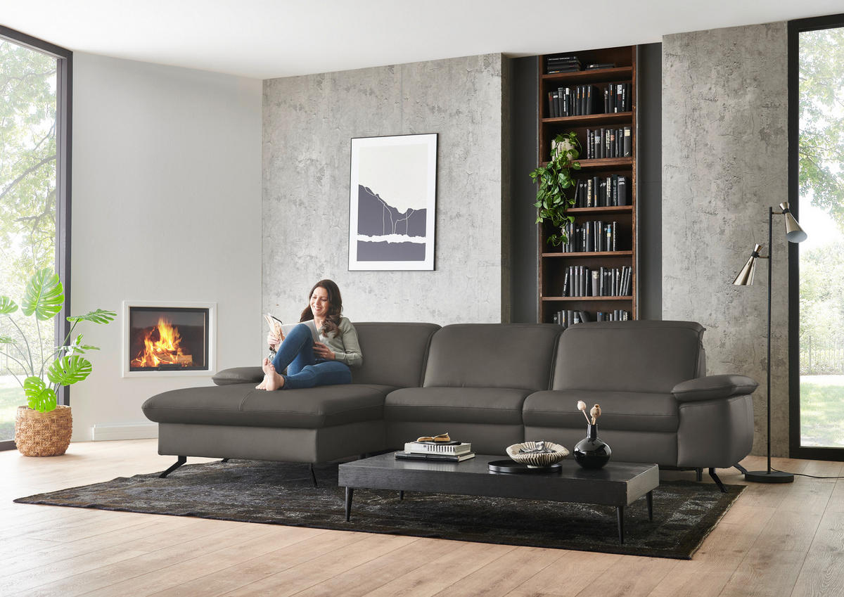 ECKSOFA  Echtleder Taupe  - Taupe/Schwarz, Design, Leder/Metall (169/307cm) - Beldomo Premium
