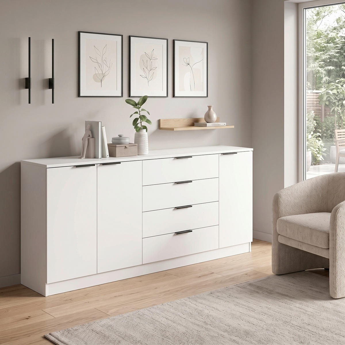 SIDEBOARD  185/80/35 cm 4 Schublade(n)  - Schwarz/Weiß, Design, Holzwerkstoff/Kunststoff (185/80/35cm) - Livetastic