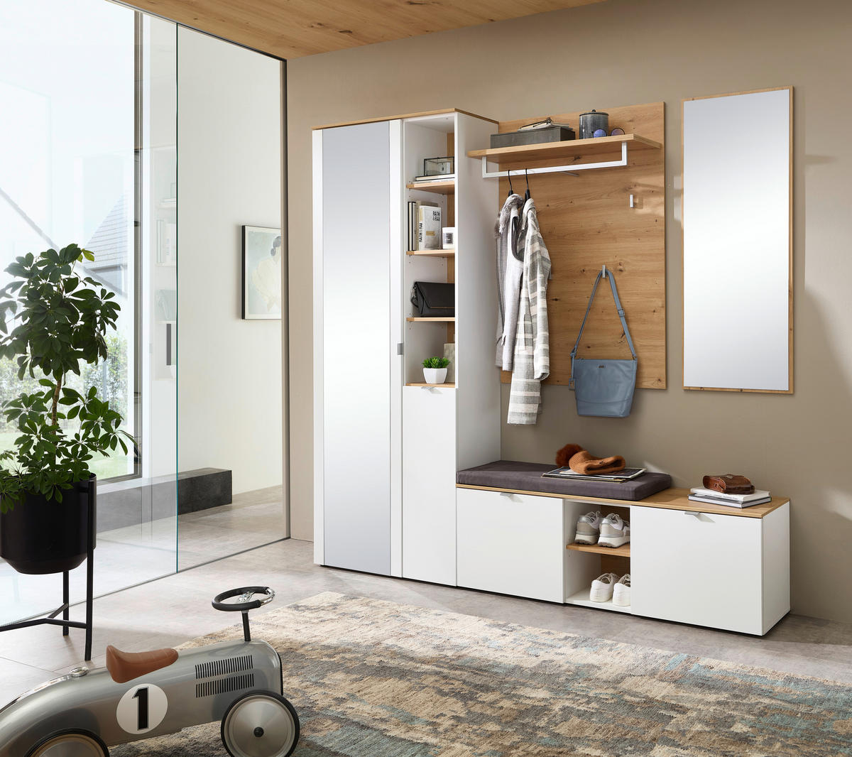 GARDEROBE 4-teilig  in 206/202/38 cm  - Weiß/Eiche Artisan, Design, Glas/Holzwerkstoff (206/202/38cm)
