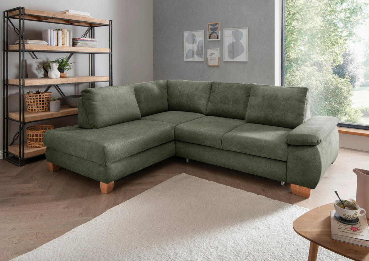 ECKSCHLAFSOFA in Chenille Dunkelgrün  - Wildeiche/Dunkelgrün, Modern, Holz/Textil (206/261cm) - Livetastic