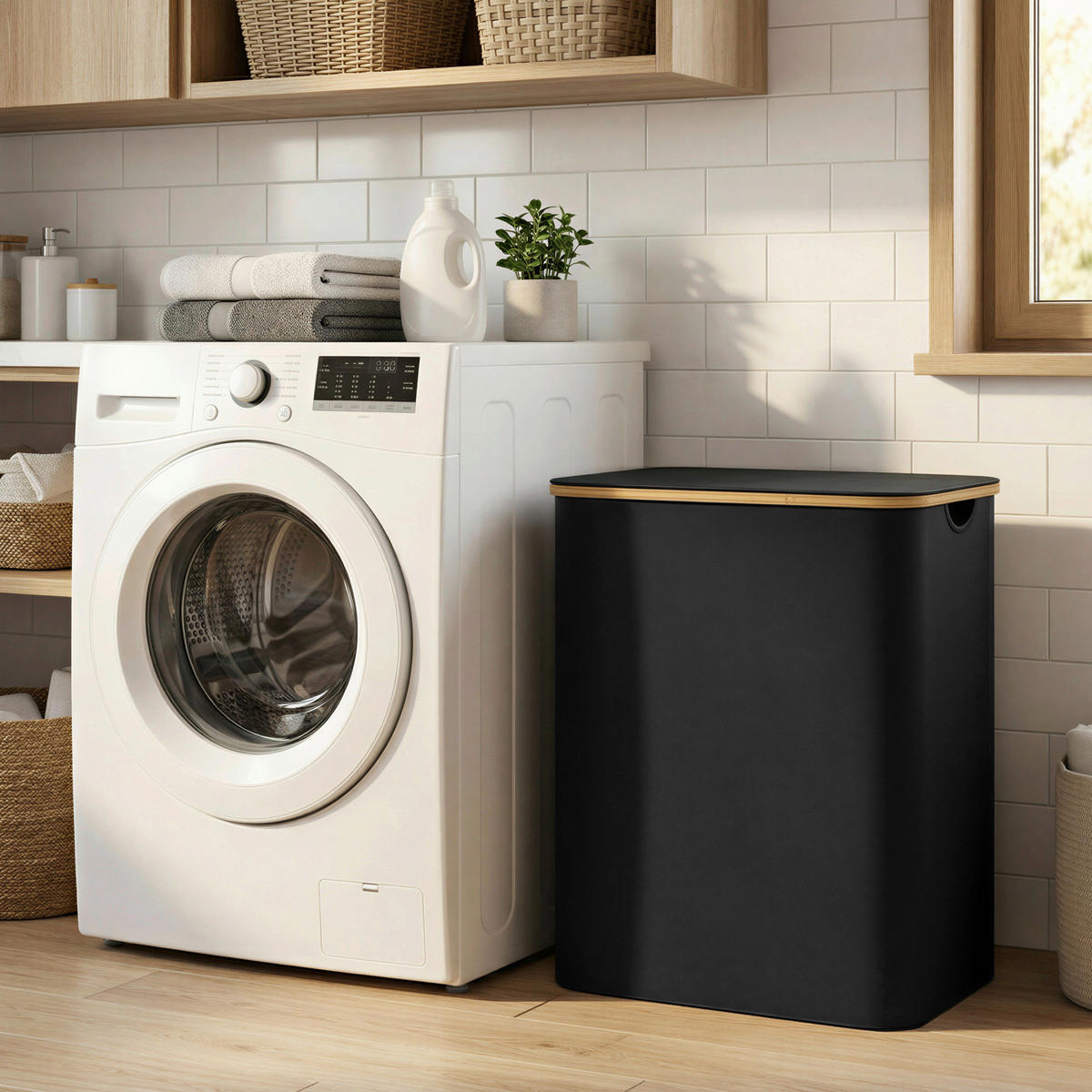 WÄSCHEKORB - Schwarz, Trend, Naturmaterialien/Kunststoff (60/70,5/38,5cm) - Boxxx