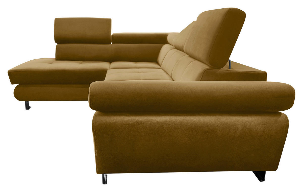 ECKSOFA Senfgelb Webstoff Bettkasten, Schlaffunktion, Rücken echt, Armteilverstellung, Kopfteilverstellung  - Chromfarben/Senfgelb, MODERN, Textil/Metall (205/278cm) - Stylife