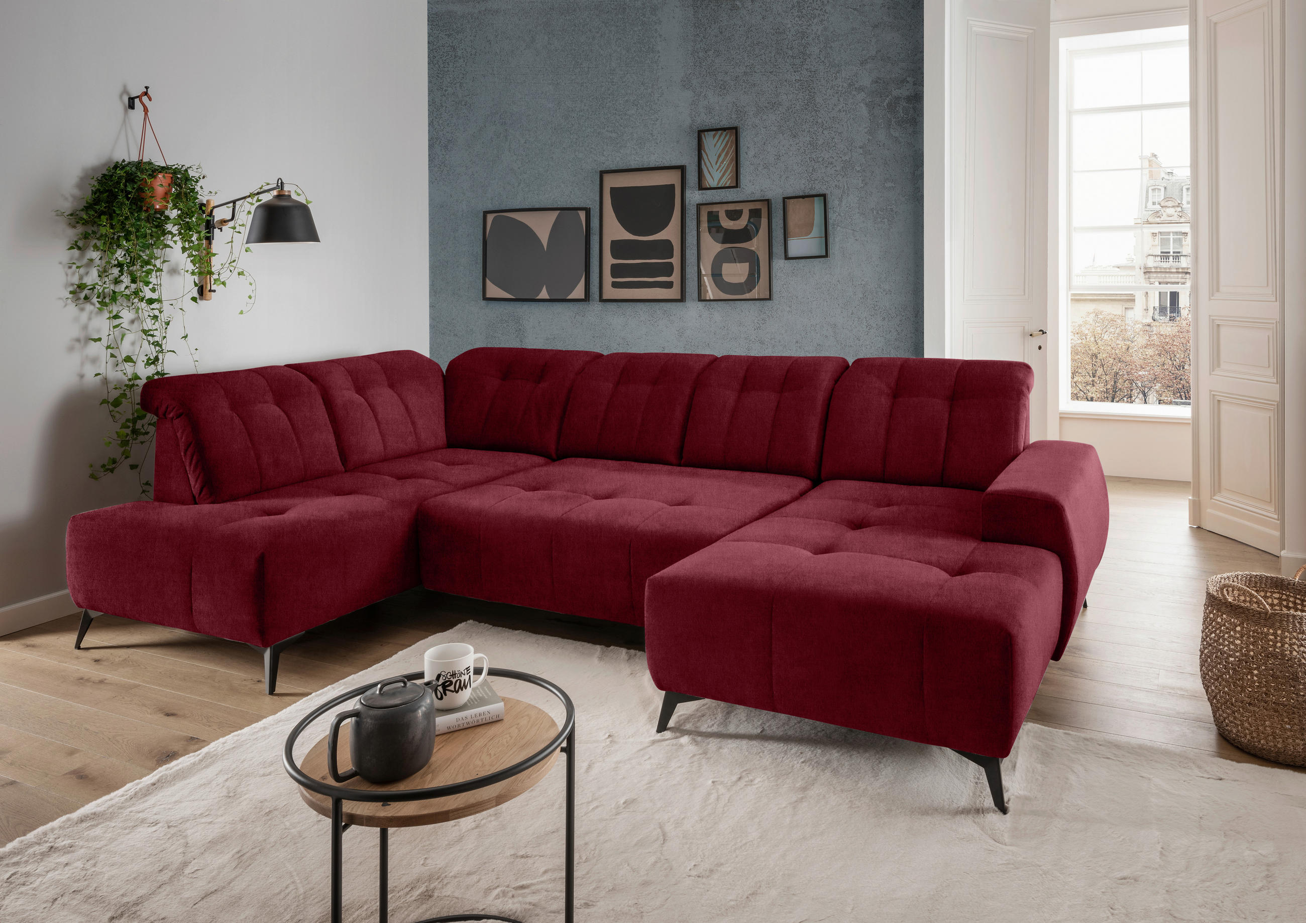 WOHNLANDSCHAFT in Mikrofaser Bordeaux - Bordeaux/Schwarz, Modern, Textil/Metall (200/337/180cm) - Livetastic