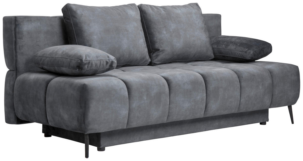 SCHLAFSOFA BOBBIO PLUS Velours Grau  inkl. Rückenkissen, Armlehnenkissen, Stauraum  - Schwarz/Grau, Design, Textil/Metall (204/90/95cm) - MID.YOU