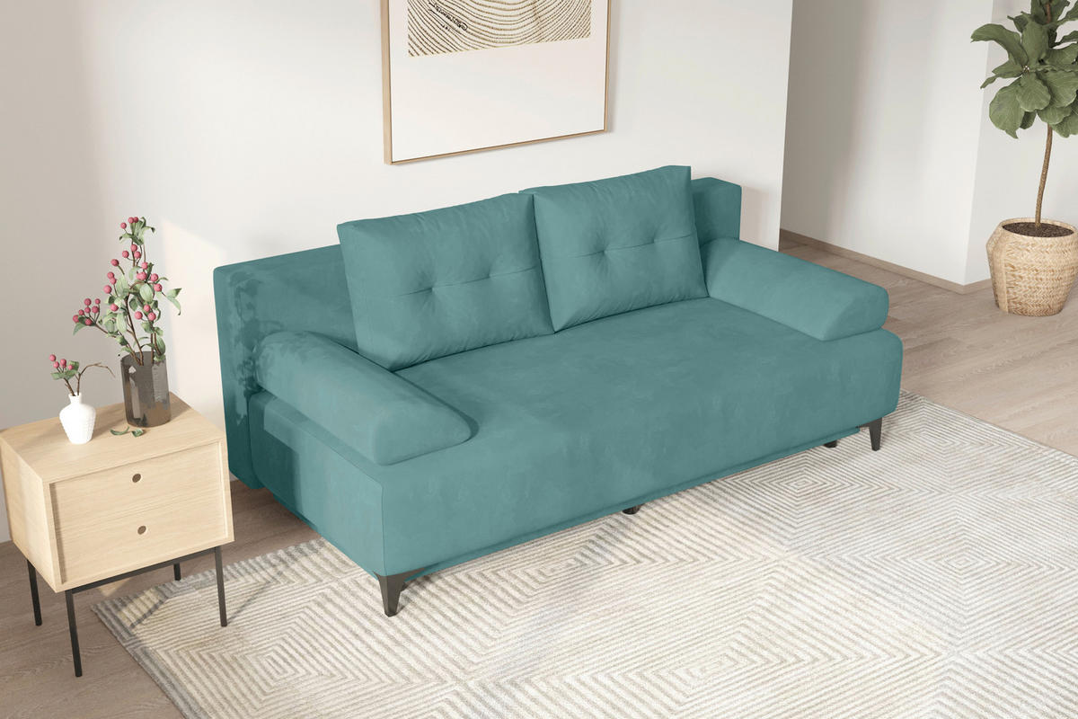 SCHLAFSOFA  mit Liegefunktion Velours Türkis  - Türkis/Schwarz, KONVENTIONELL, Textil/Metall (200/98/90cm) - Carryhome