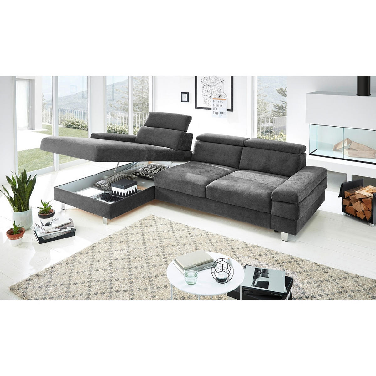 ECKSOFA in Webstoff Anthrazit  - Anthrazit/Silberfarben, Konventionell, Textil/Metall (260/82/182cm) - Trendmanufaktur