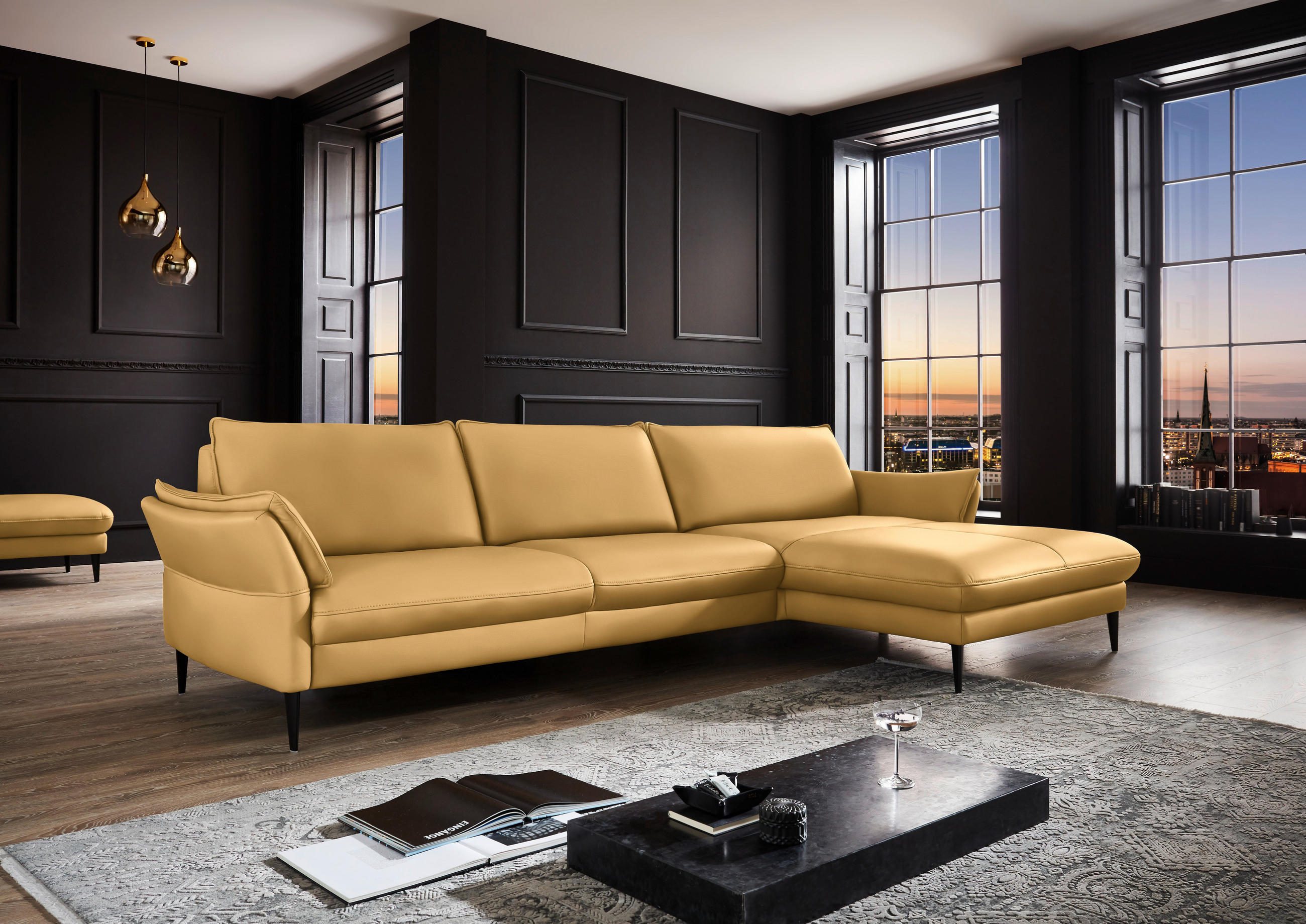 ECKSOFA in Echtleder Gelb  - Gelb/Schwarz, Design, Leder/Metall (334/172cm) - Hukla