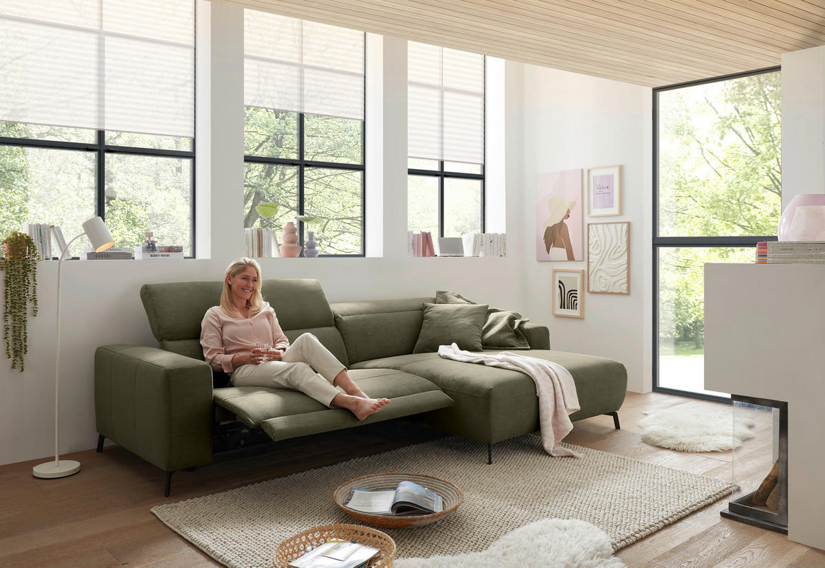 ECKSOFA in Feincord Olivgrün  - Schwarz/Olivgrün, Design, Textil/Metall (294/172-177cm) - Pure Home Lifestyle