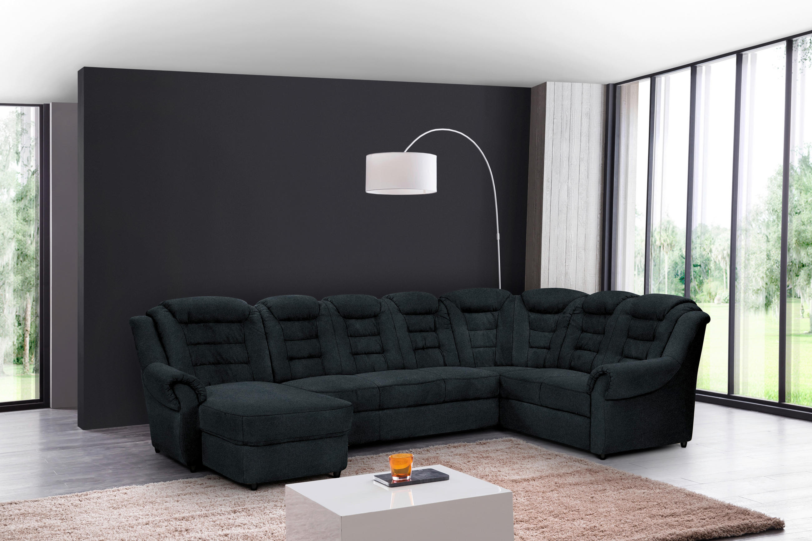 WOHNLANDSCHAFT Schwarz Chenille  - Schwarz, KONVENTIONELL, Kunststoff/Textil (165/333/216cm) - Livetastic
