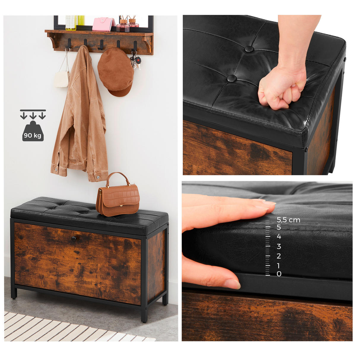 GARDEROBENBANK Vasagle  in 80/51/30 cm  - Schwarz/Braun, Trend, Holzwerkstoff/Textil (80/51/30cm) - Boxxx