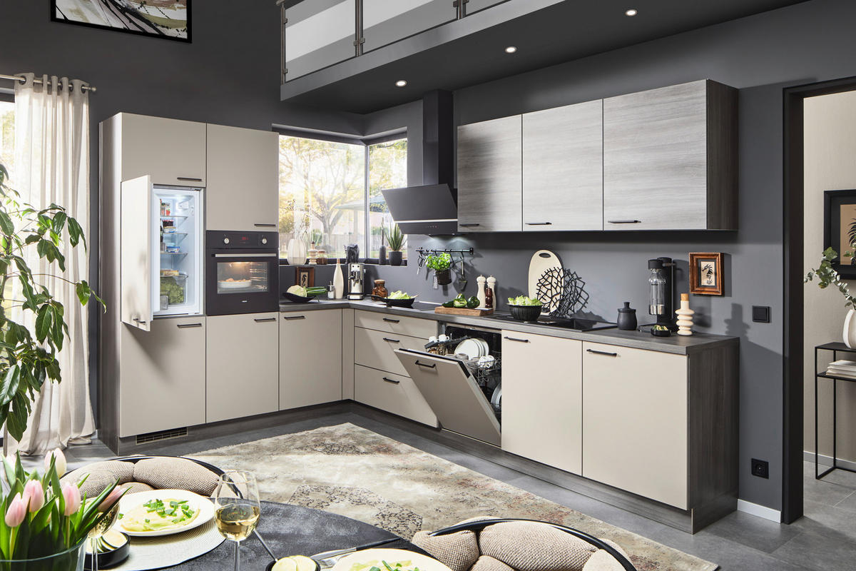 EINBAUKÜCHE   - Creme/Grau, MODERN, Holzwerkstoff - Welnova