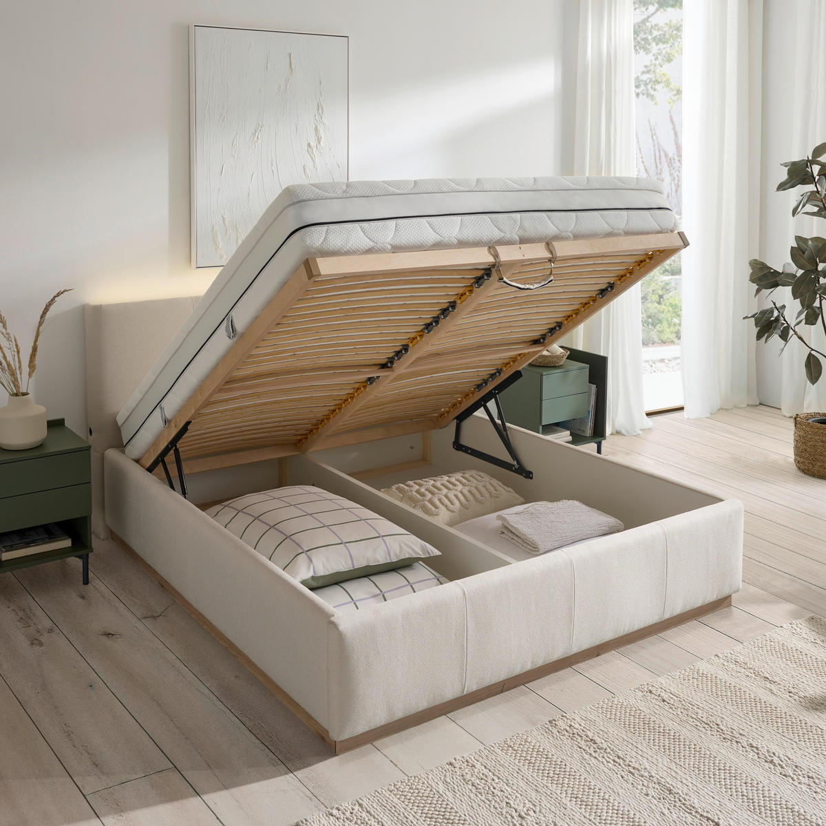 POLSTERBETT Beleuchtung, Lattenrost, Bettkasten Beige, Hickory 180/200 cm  - Birkefarben/Beige, Design, Holz/Holzwerkstoff (180/200cm) - Lomoco