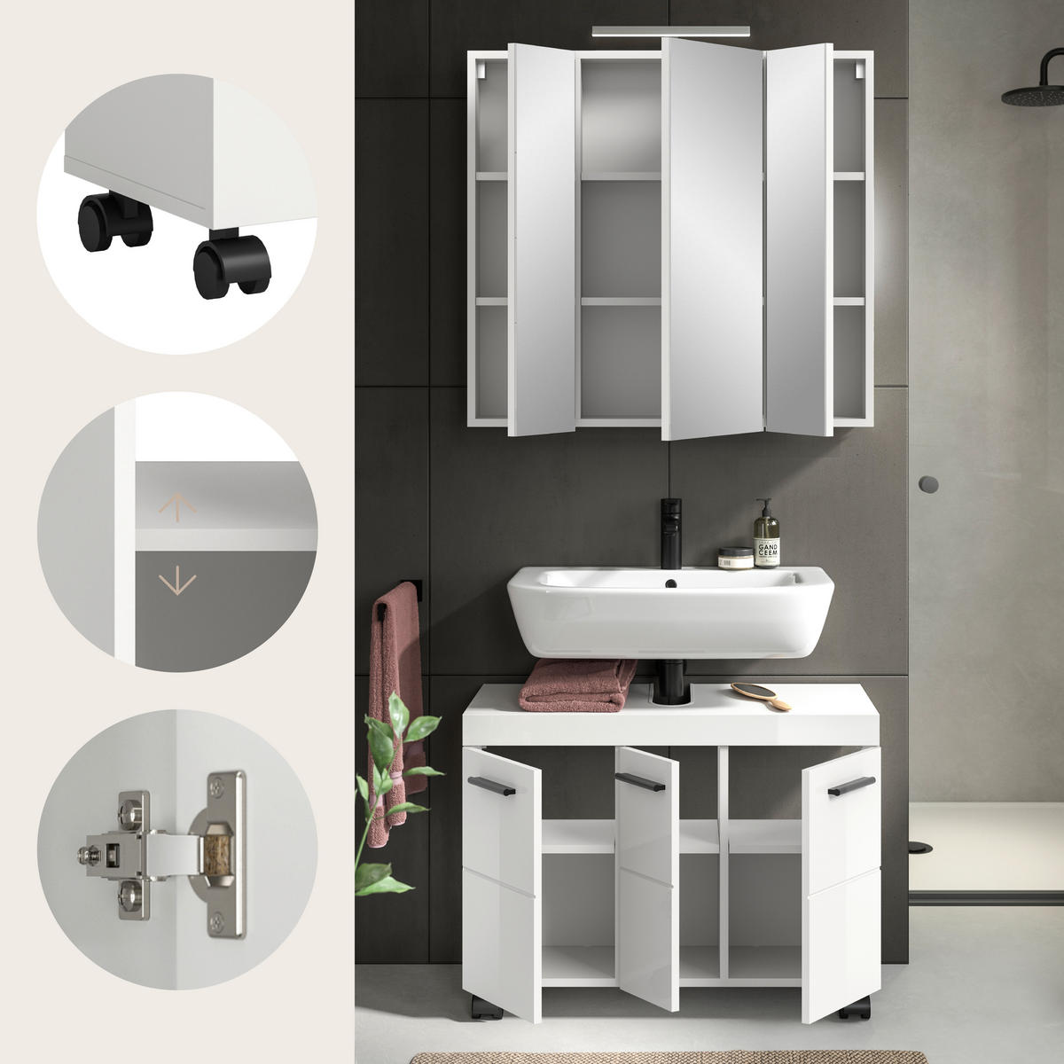 BADEZIMMER 2-teilig  in 82 cm  - Weiß Hochglanz/Schwarz, Trend, Glas/Holzwerkstoff (82cm) - MID.YOU