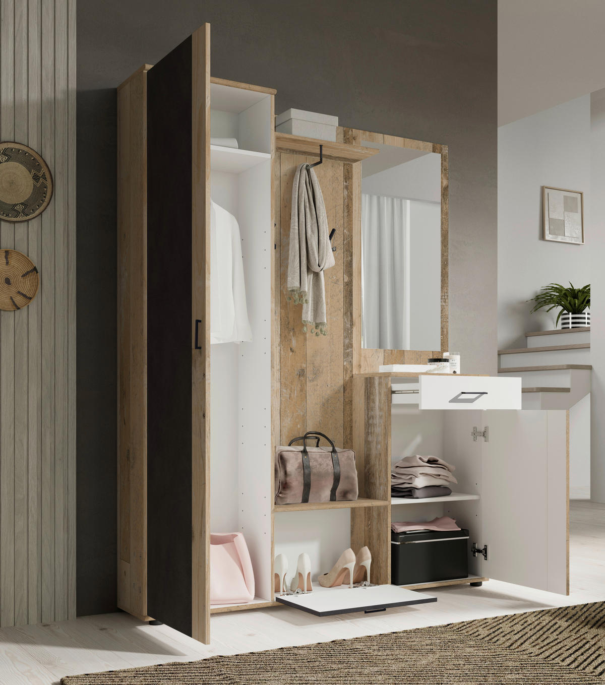 GARDEROBE 5-teilig  in 145/184/29 cm  - Eichefarben/Anthrazit, Design, Holzwerkstoff (145/184/29cm) - Livetastic