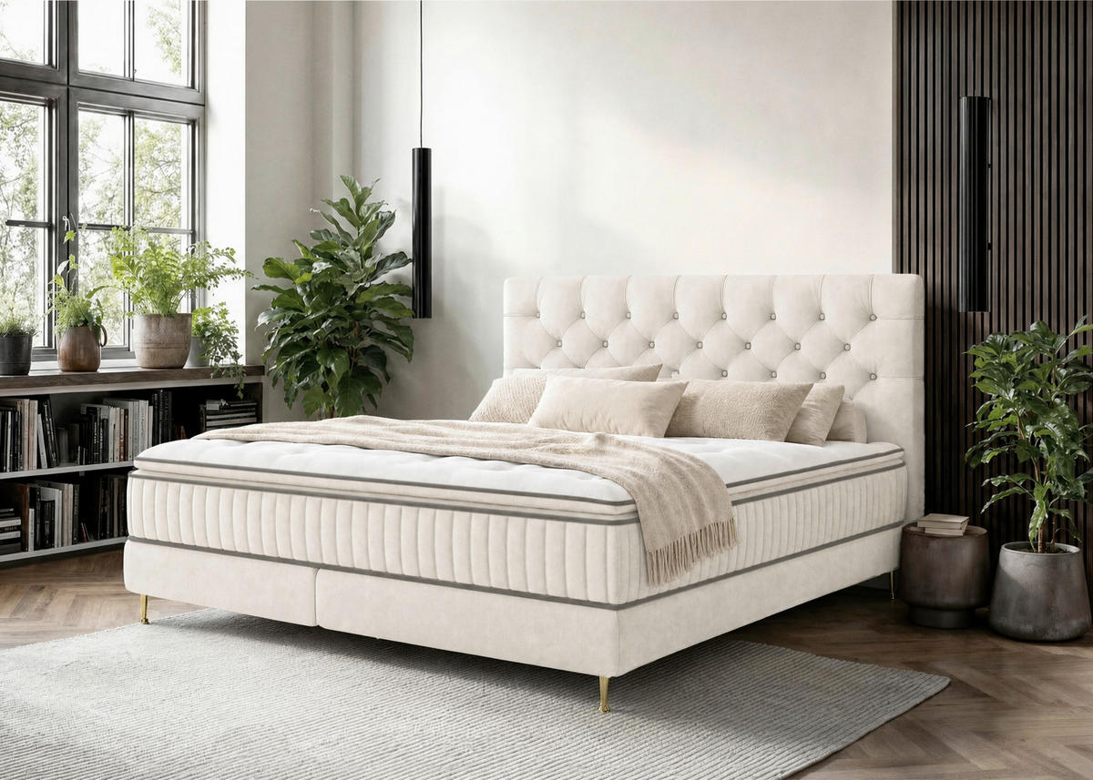 BOXSPRINGBETT 180/200 cm,  in Creme, Matratze, gepolstertes Kopfteil, Topper,  - Goldfarben/Creme, Design, Textil/Metall (180/200cm) - Boxxx