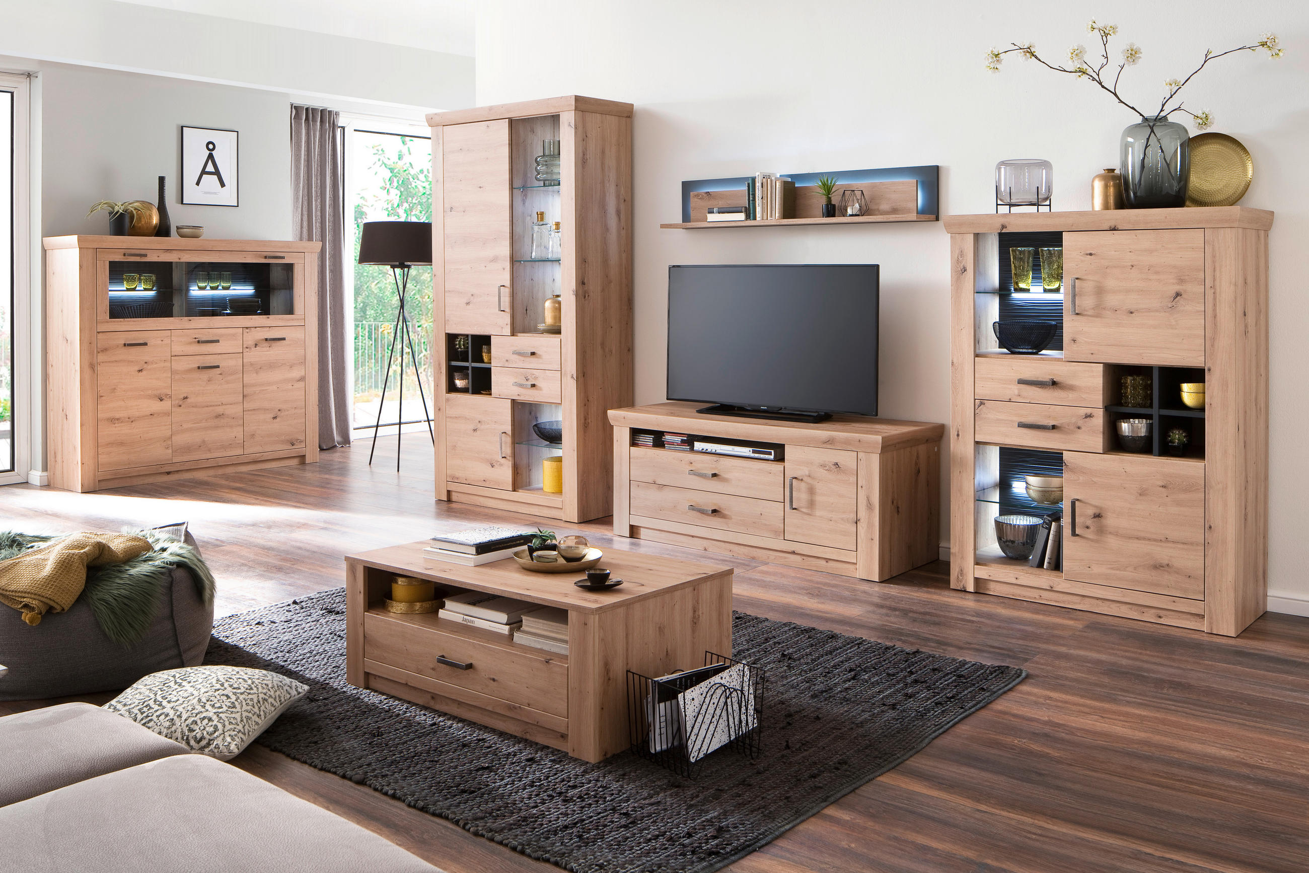 WOHNWAND Maputo  in Anthrazit, Eichefarben  371/211/55 cm  - Eichefarben/Anthrazit, Design, Glas/Holzwerkstoff (371/211/55cm) - Livetastic