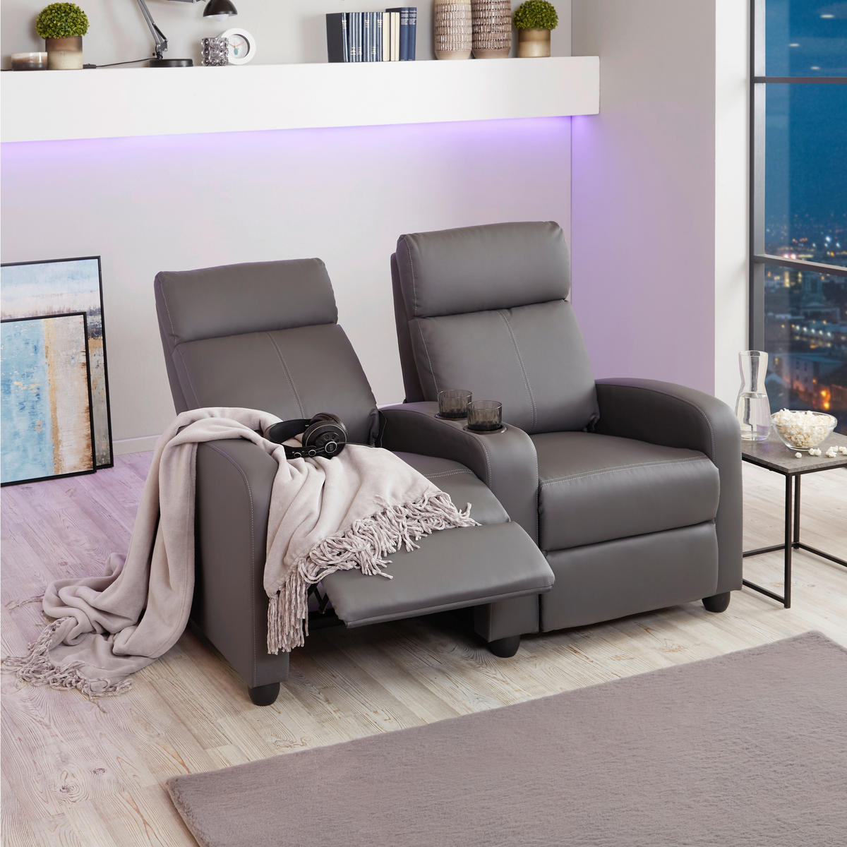 HEIMKINO-SOFA Lederlook Grau Relaxfunktion, Getränkehalter  - Schwarz/Grau, KONVENTIONELL, Kunststoff/Textil (128/100/87cm) - MID.YOU