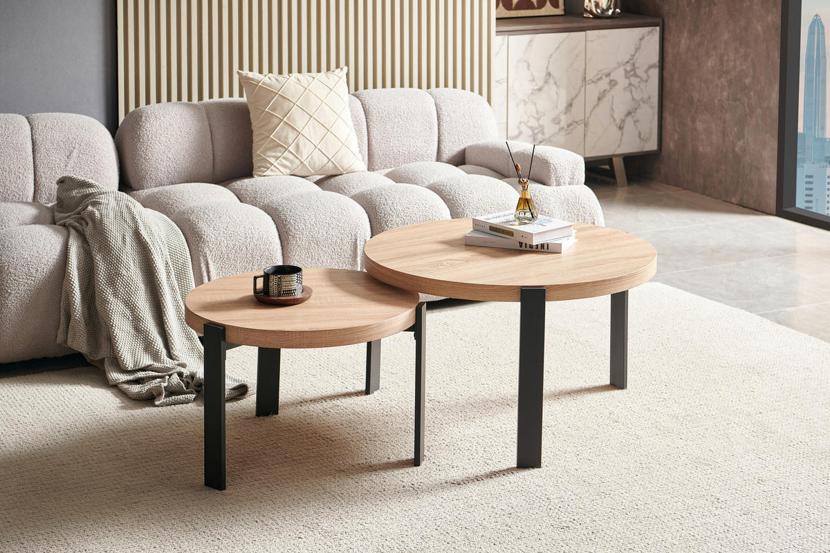 COUCHTISCHSET in Metall, Holzwerkstoff 60-80/60-80/40-45 cm  - Eichefarben/Schwarz, Design, Holzwerkstoff/Metall (60-80/60-80/40-45cm) - MID.YOU
