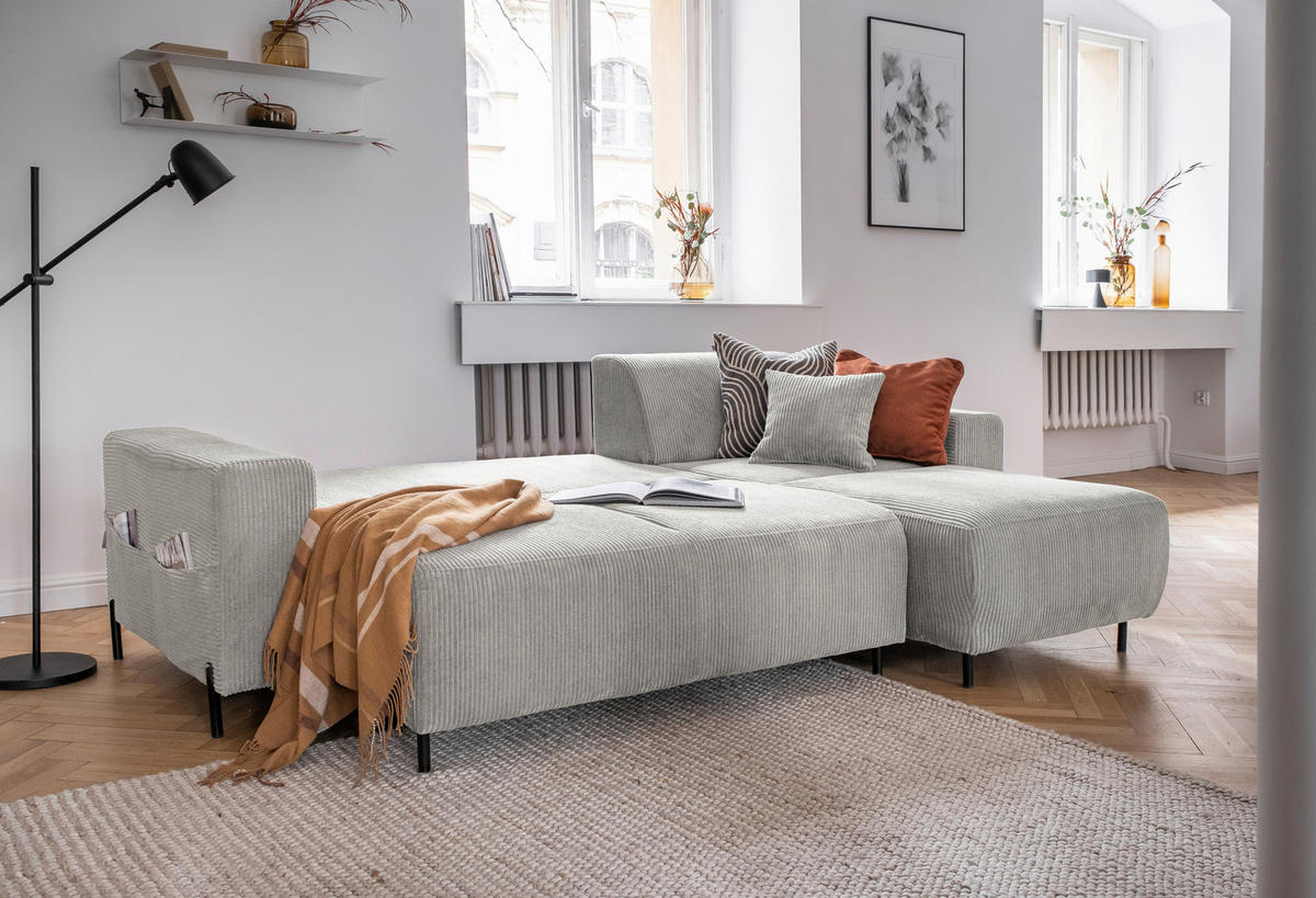 ECKSOFA in Cord Beige  - Beige/Schwarz, Textil/Metall (260/165cm) - MID.YOU