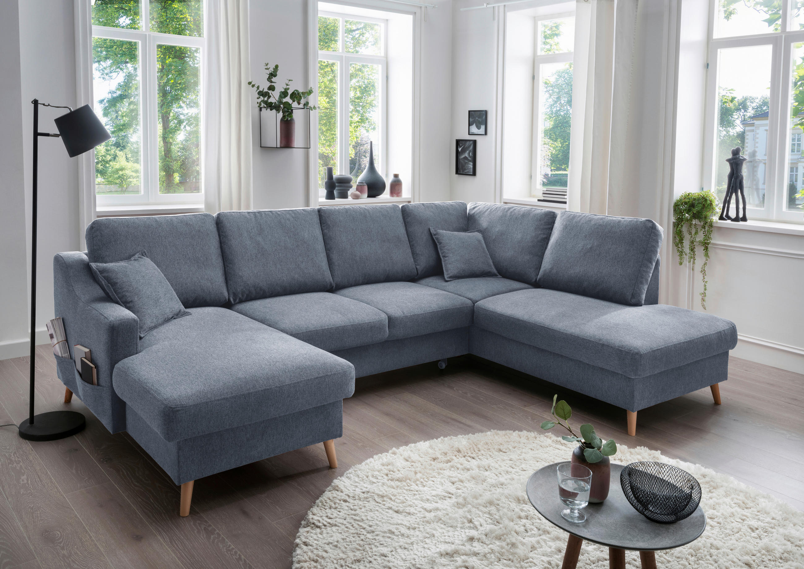 WOHNLANDSCHAFT in Struktur Blau  - Blau/Naturfarben, Konventionell, Holz/Textil (150/301/200cm) - P & B