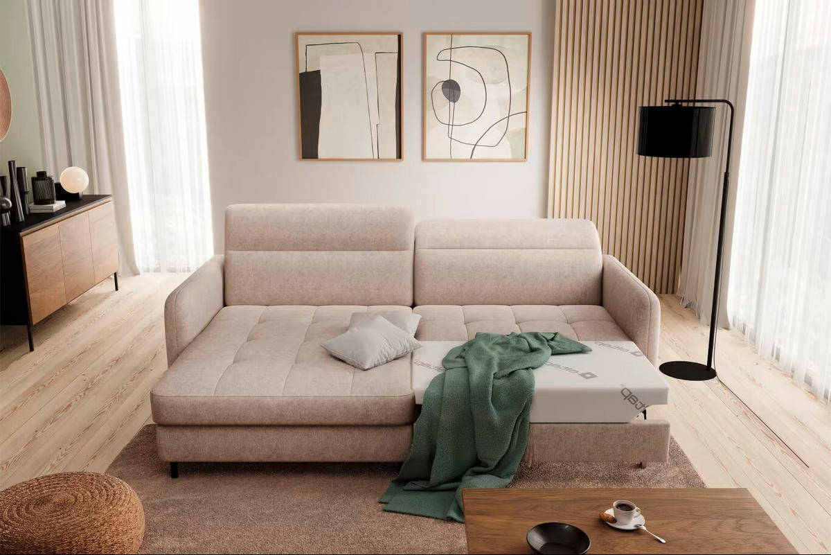 ECKSOFA in Velours Beige  165/228 cm  - Beige/Schwarz, Design, Textil/Metall (165/228cm) - MID.YOU