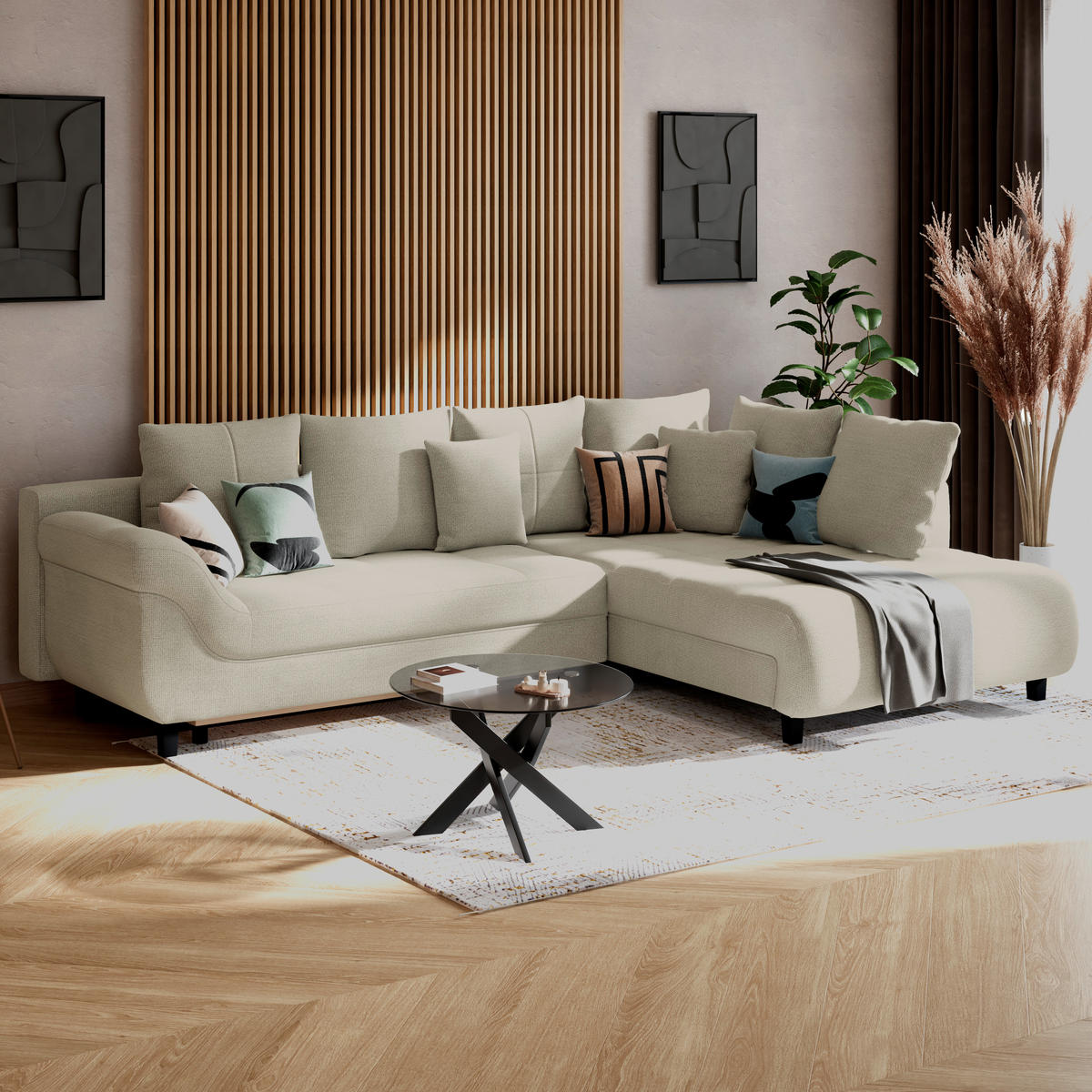 ECKSOFA MENDOZA NEW Hellgrau Chenille, Struktur Zierkissen, Rückenkissen, Bettkasten  - Hellgrau/Schwarz, KONVENTIONELL, Textil (309/197cm) - MID.YOU