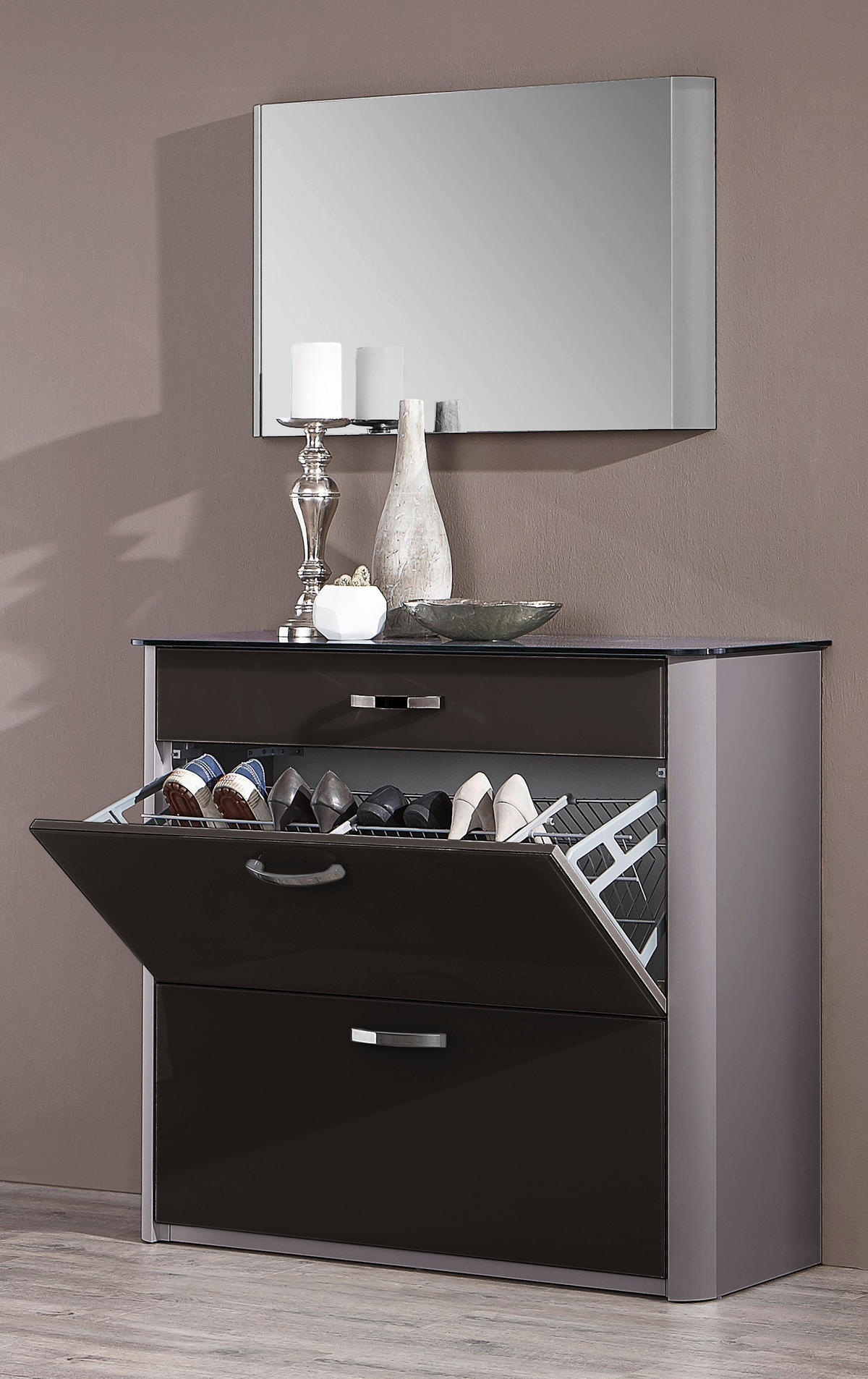 GARDEROBE 4-teilig  in 270/192/34 cm  - Schwarz/Alufarben, Design, Glas/Holzwerkstoff (270/192/34cm) - Moderano