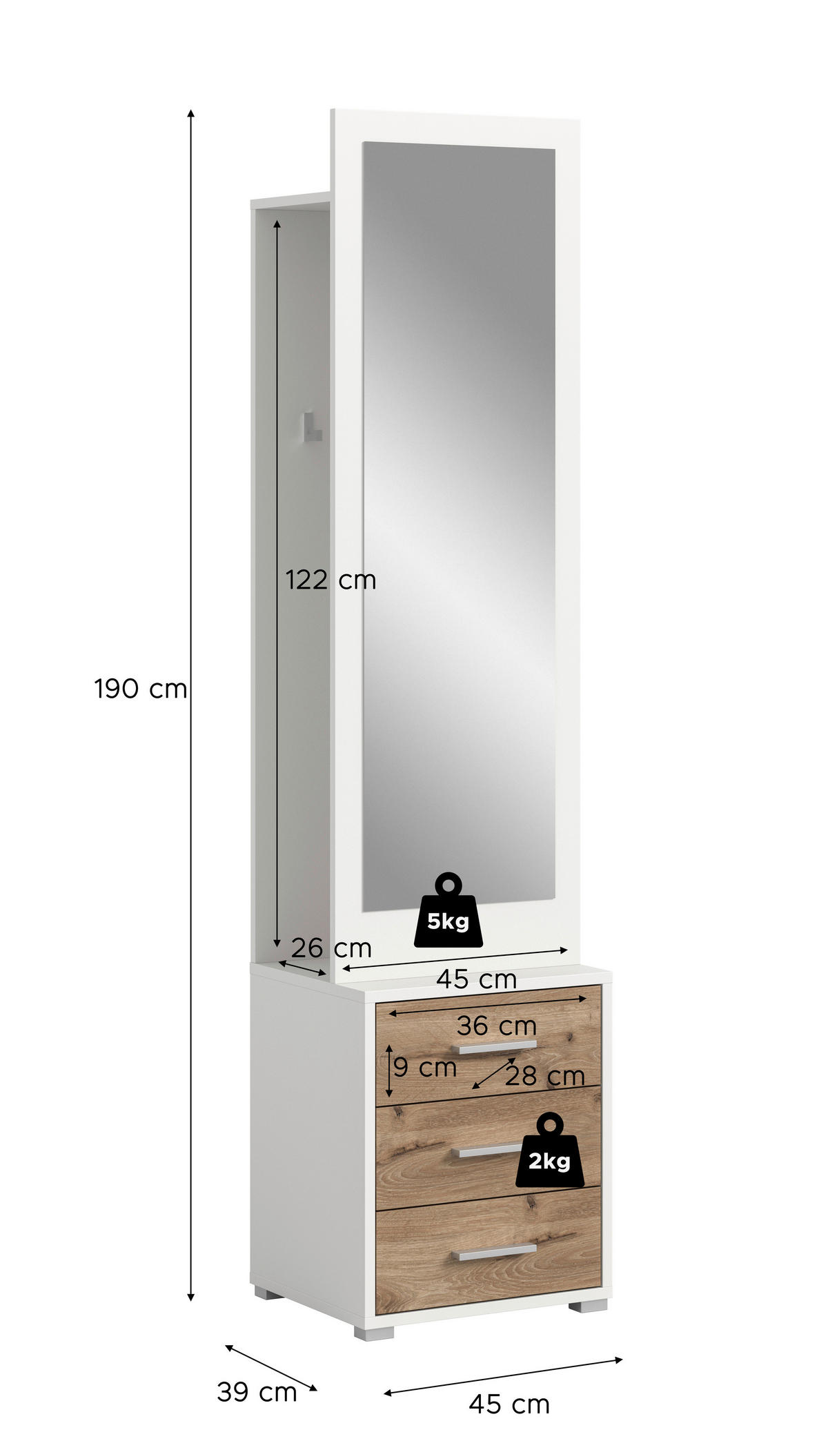 GARDEROBE 2-teilig  in 45/190/38 cm  - Eiche dunkel/Weiß, Design, Holzwerkstoff (45/190/38cm) - Livetastic