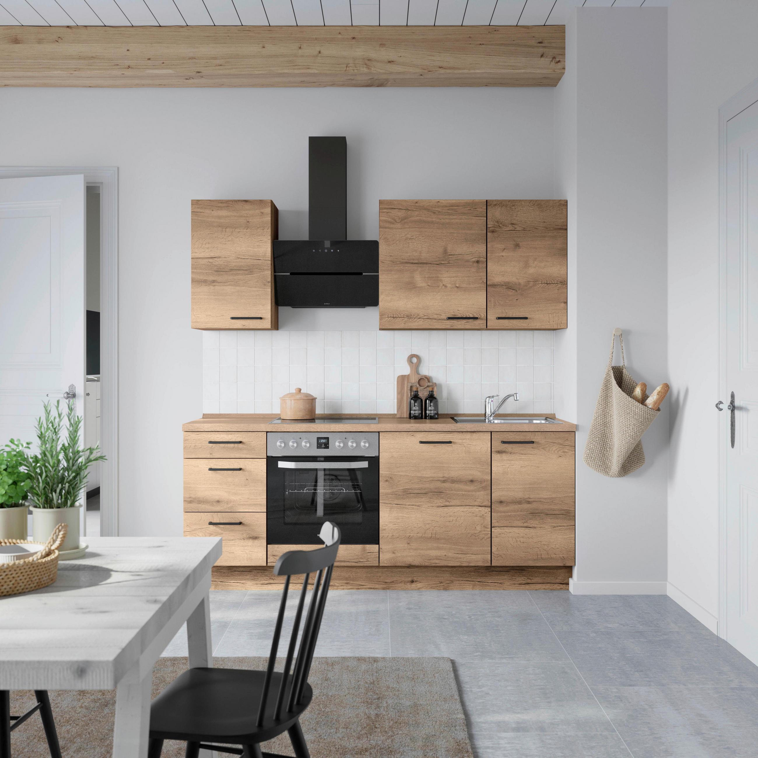 BUCĂTĂRIE FĂRĂ ELECTROCASNICE  - stejar închis la culoare/negru, Modern, metal/material pe bază de lemn (210cm) - Nobilia