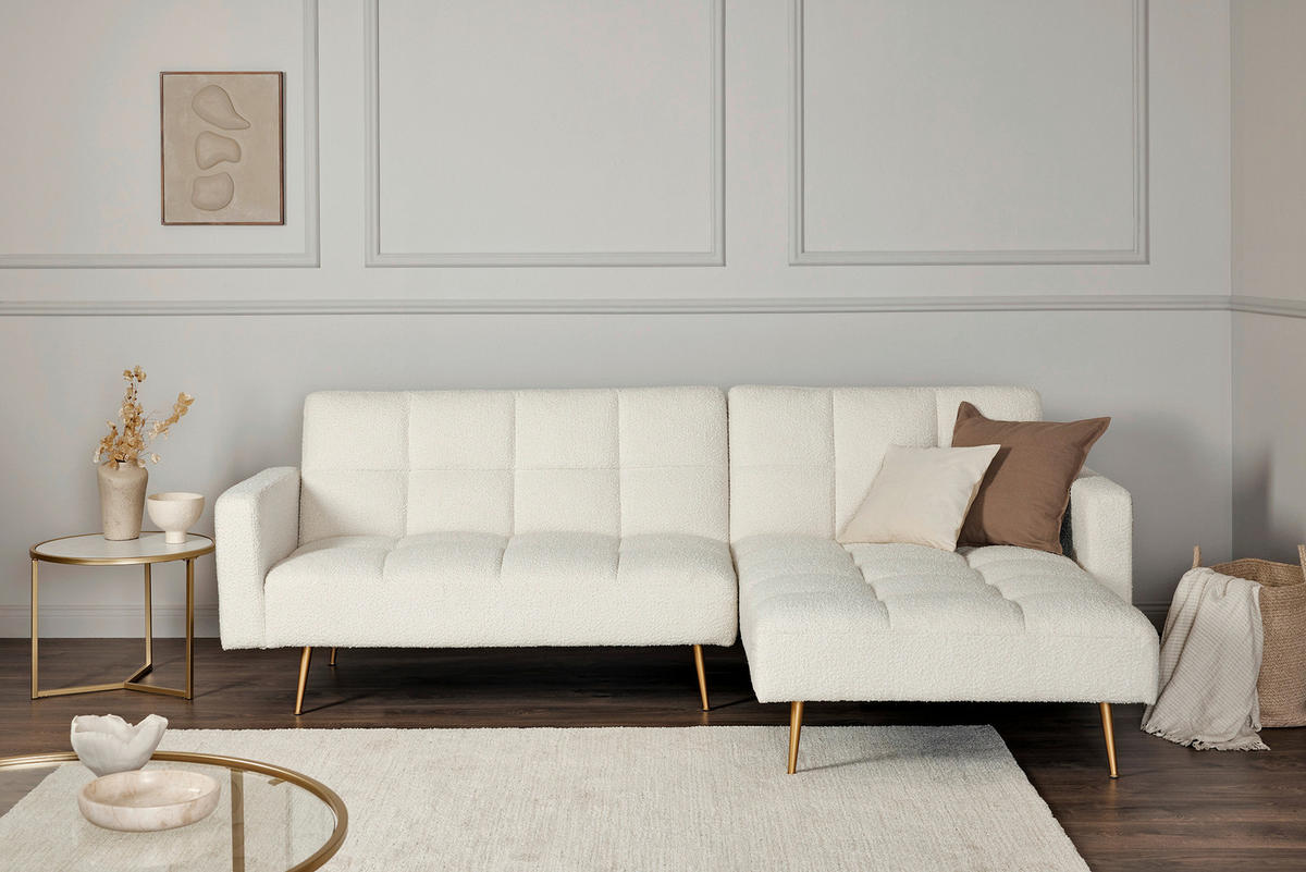 ECKSCHLAFSOFA CHILLAX POSH CORNER EU Elfenbein Bouclé  - Elfenbein/Goldfarben, MODERN, Holz/Textil (244/150cm) - Livetastic