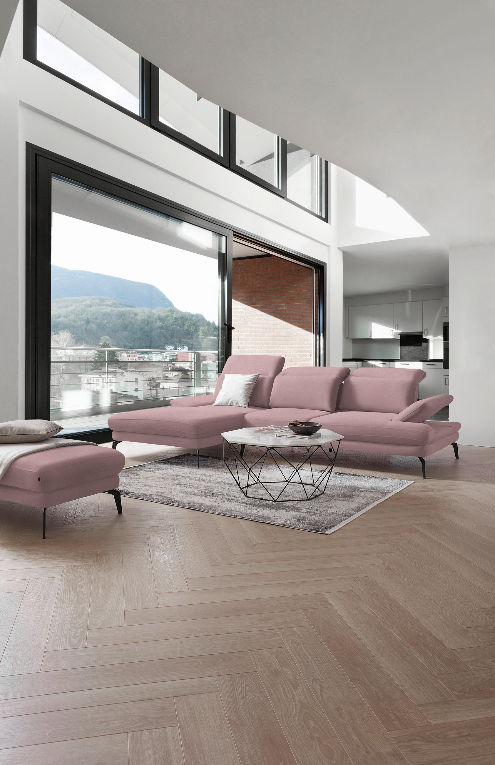 ECKSOFA in Flachgewebe Hellrosa  - Hellrosa/Schwarz, Design, Textil/Metall (180/289cm) - Stylife