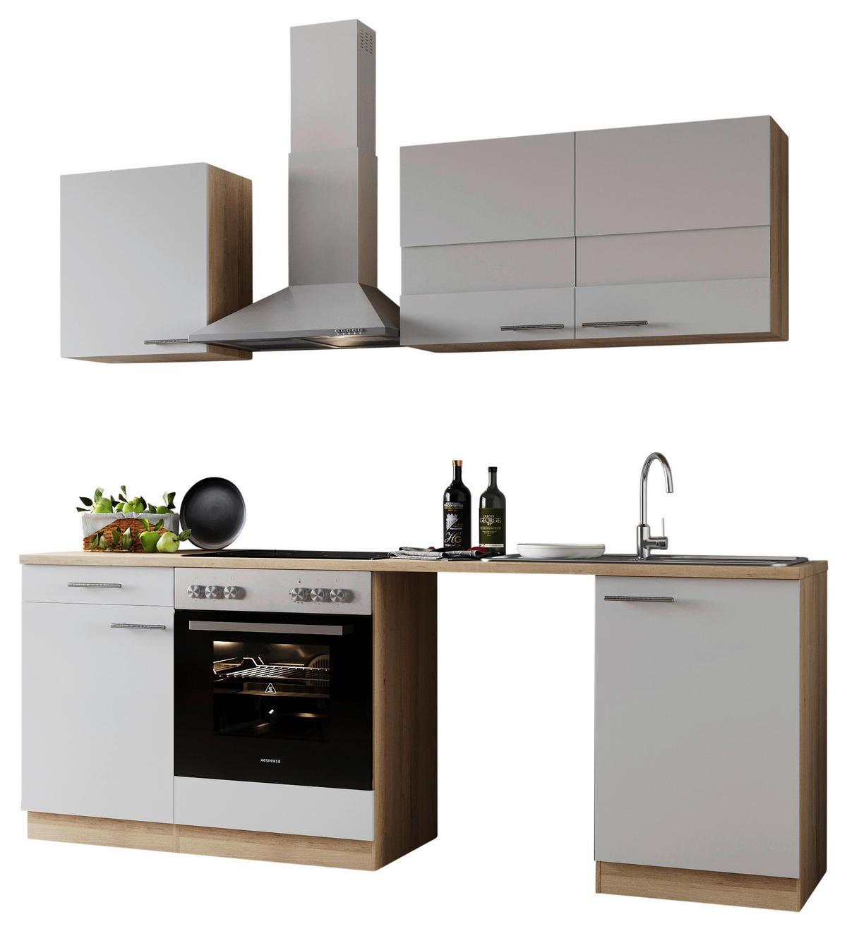 KÜCHENBLOCK 220 cm   in Weiß  - Edelstahlfarben/Eichefarben, Basics, Glas/Holzwerkstoff (220cm) - Respekta