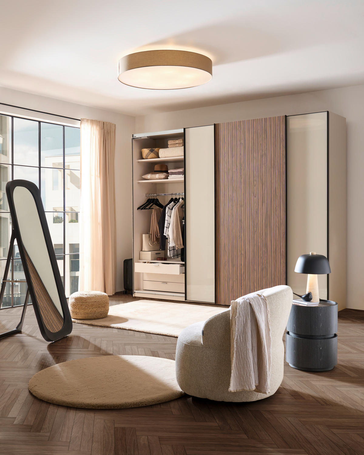 SCHWEBETÜRENSCHRANK Sandfarben, Eichefarben  - Sandfarben/Eichefarben, Design, Glas/Holzwerkstoff (298/240/68cm) - Dieter Knoll