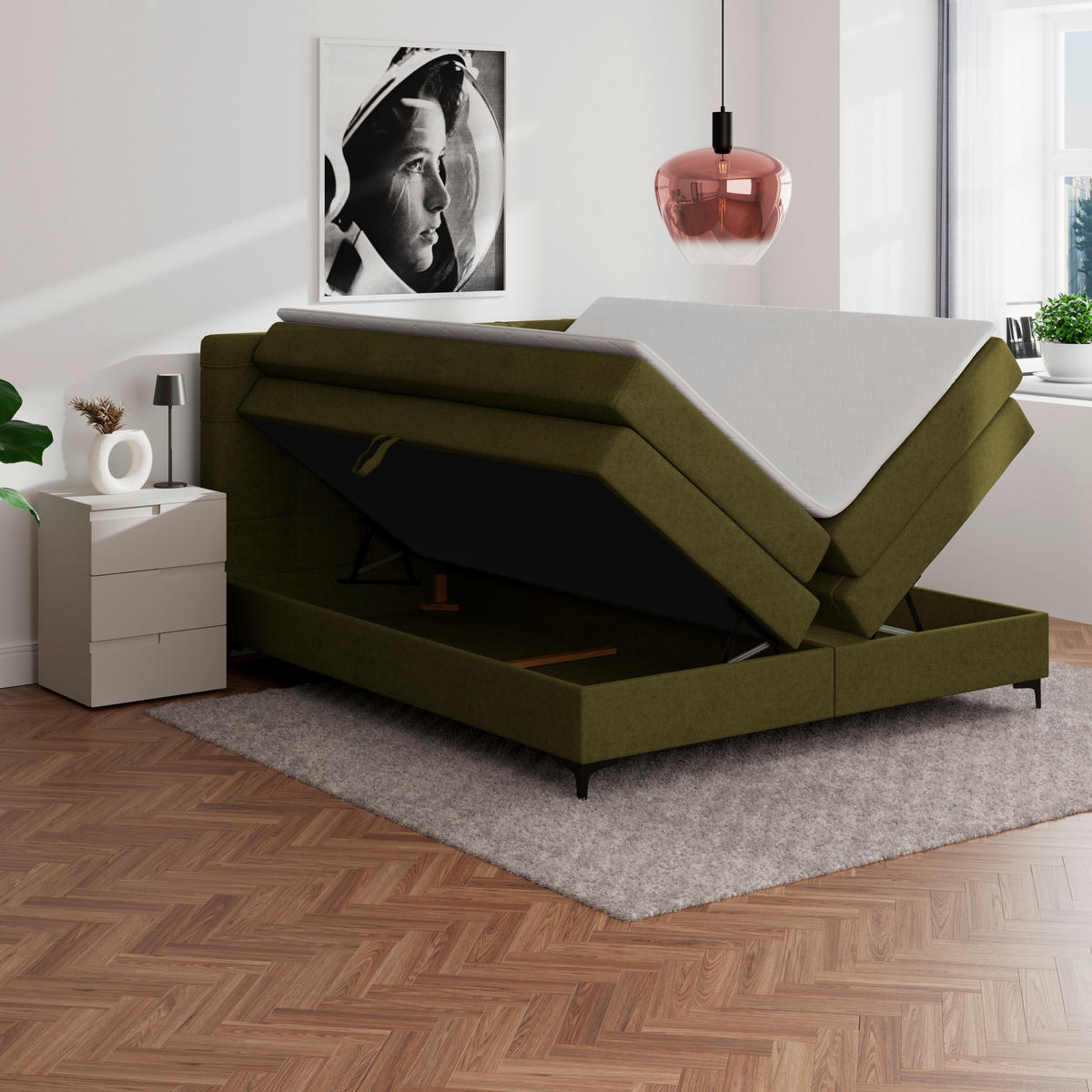 BOXSPRINGBETT 180/200 cm,  in Grün, H3 = fest  - Schwarz/Grün, KONVENTIONELL, Kunststoff/Textil (180/200cm)
