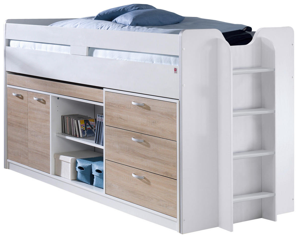 SREDNJE VISOKA POSTELJA - bela/hrast sonoma, Moderno, leseni material (90/200cm) - Livetastic