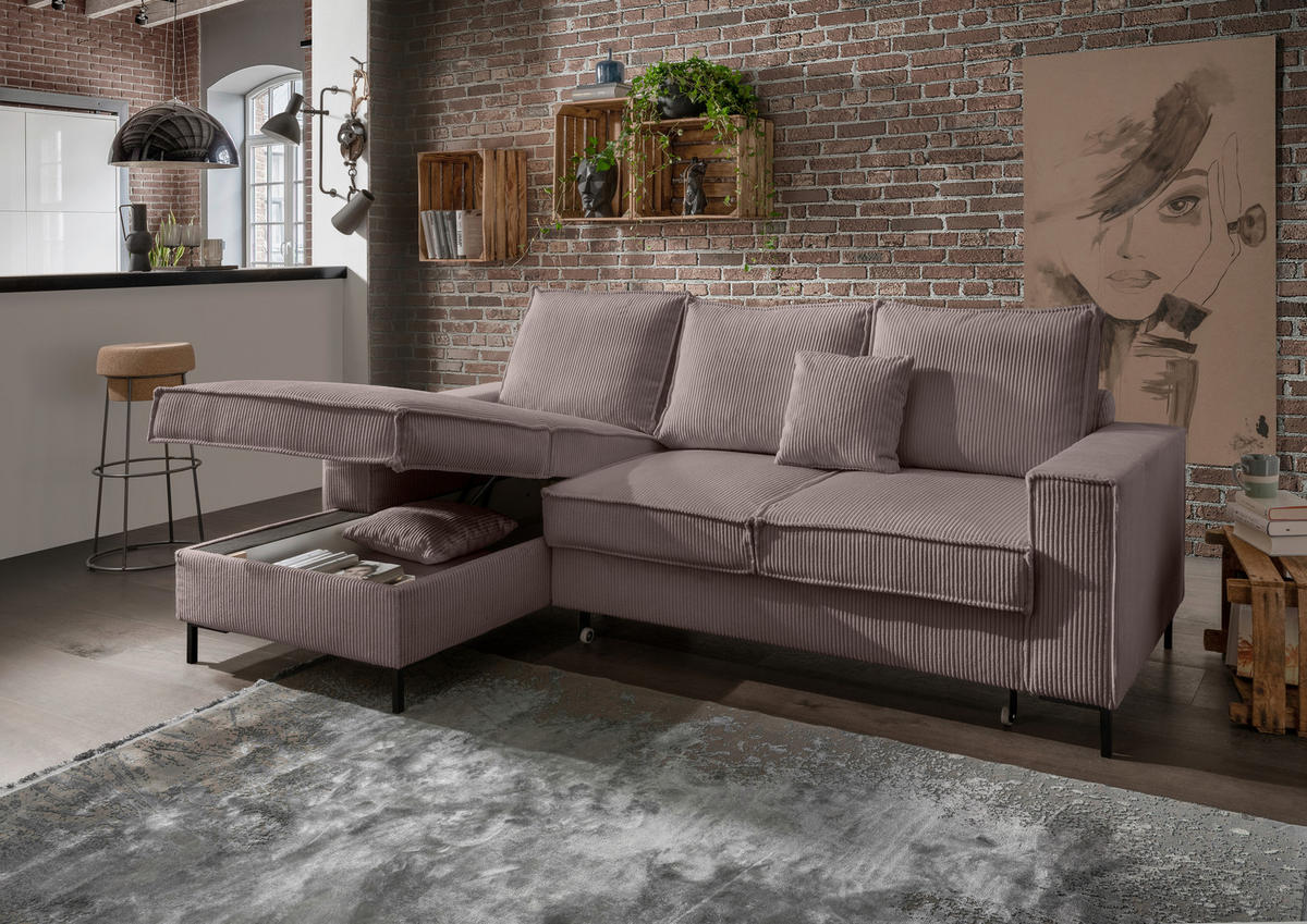 ECKSOFA Graubraun Cord  - Graubraun/Schwarz, MODERN, Textil/Metall (150/240cm) - Livetastic