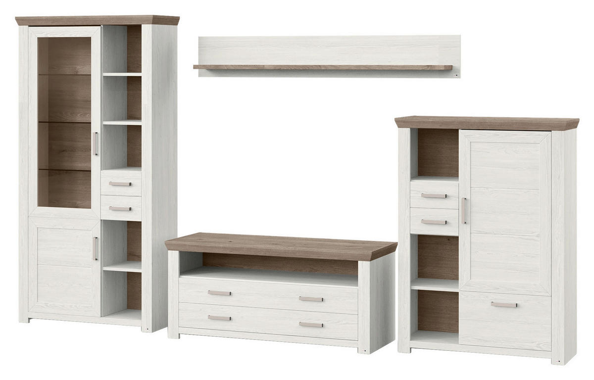 WOHNWAND  in Weiß, Eichefarben  370/206,6/51,2 cm  - Eichefarben/Weiß, Design, Glas/Holzwerkstoff (370/206,6/51,2cm) - SetOne by Musterring