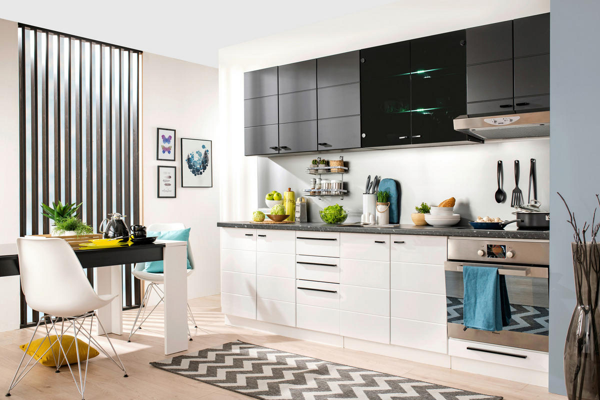 KONYHABLOKK GÉPEK NÉLKÜL 200/51/31/200 cm  - fekete/fehér, Basics, faalapú anyag/Üveg (200/51/31/200cm) - Carryhome