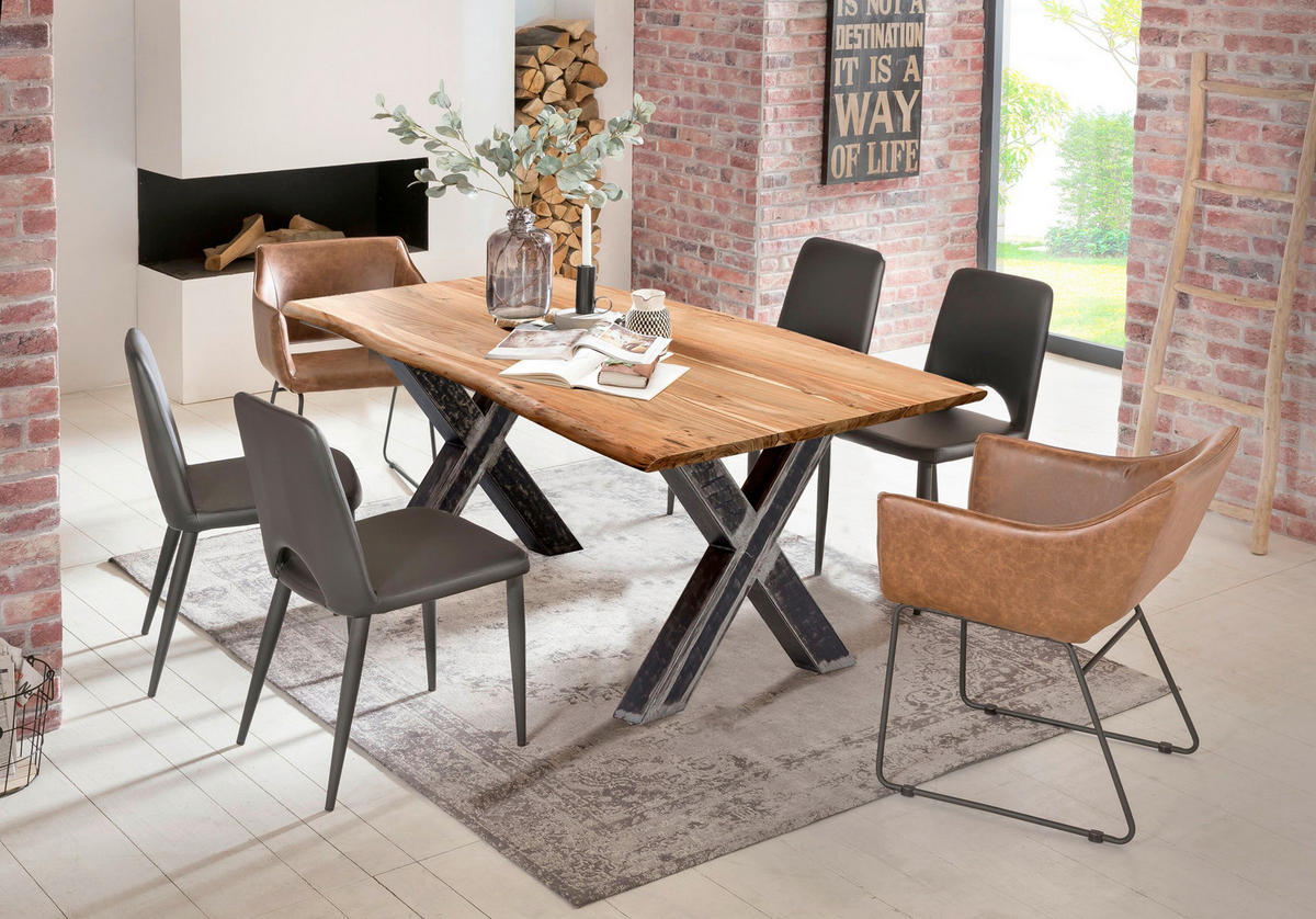 ESSTISCH 200/100/79 cm Echtholz  Holz, Metall rechteckig Naturfarben, Schwarz  - Schwarz/Naturfarben, MODERN, Holz/Metall (200/100/79cm) - MID.YOU