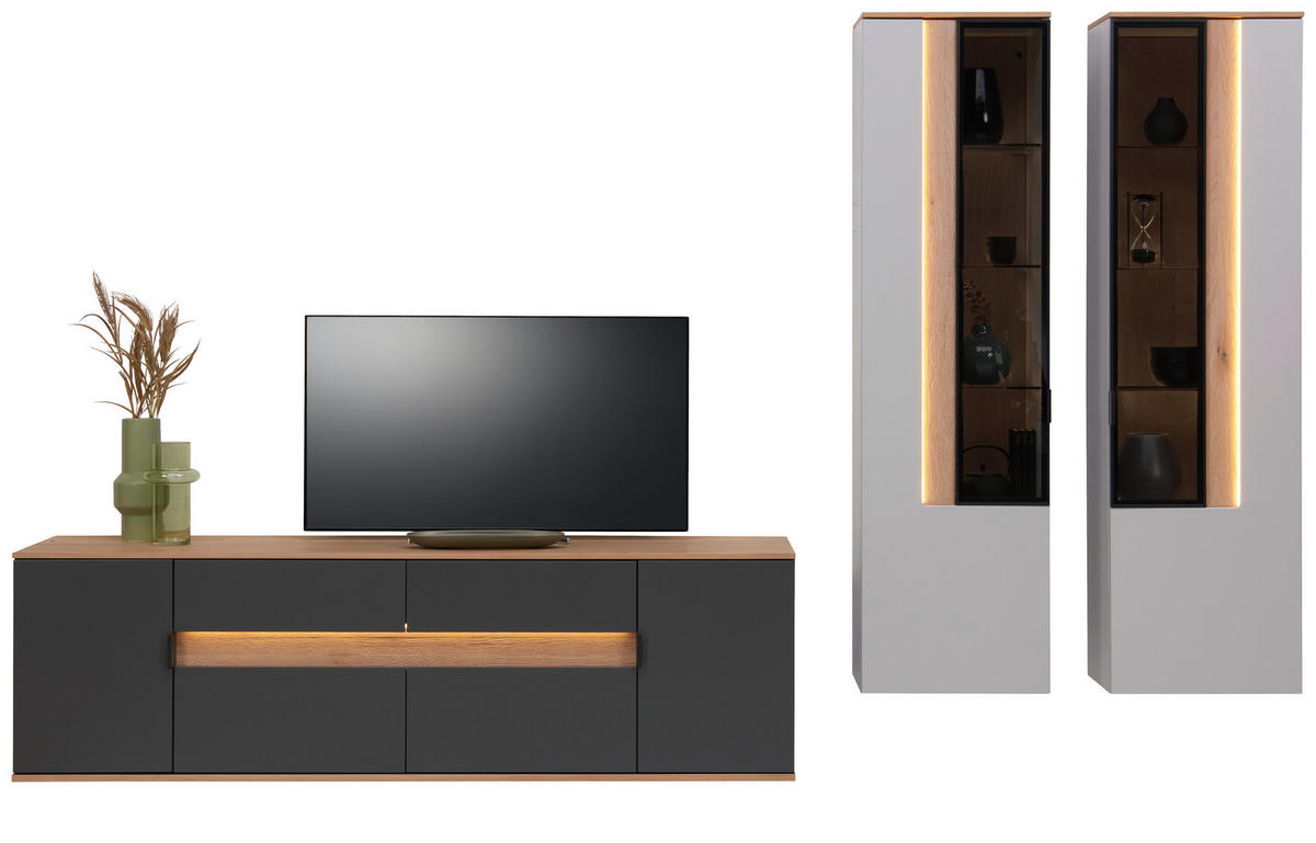 WOHNWAND 3-teilig  in Anthrazit, Grau, Eichefarben  297/198/48 cm    - Eichefarben/Anthrazit, Design, Glas/Holz (297/198/48cm) - Dieter Knoll