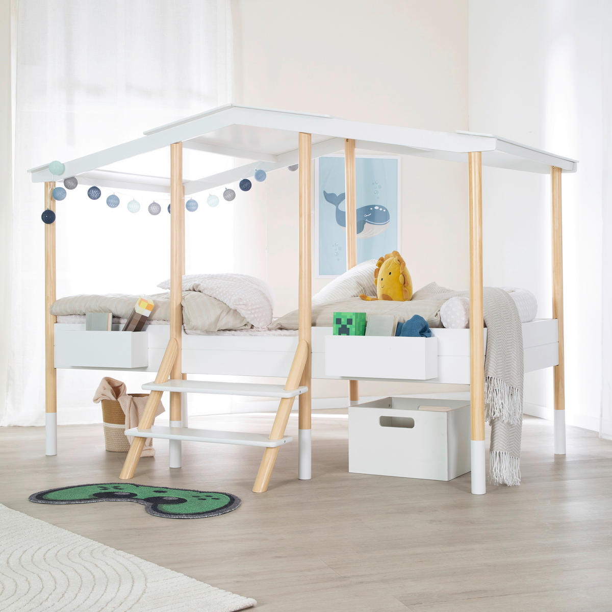 HAUSBETT 90/200 cm,  in Weiß, Kieferfarben, Leiter, Lattenrost  - Weiß/Kieferfarben, Basics, Holz (90/200cm) - Xora