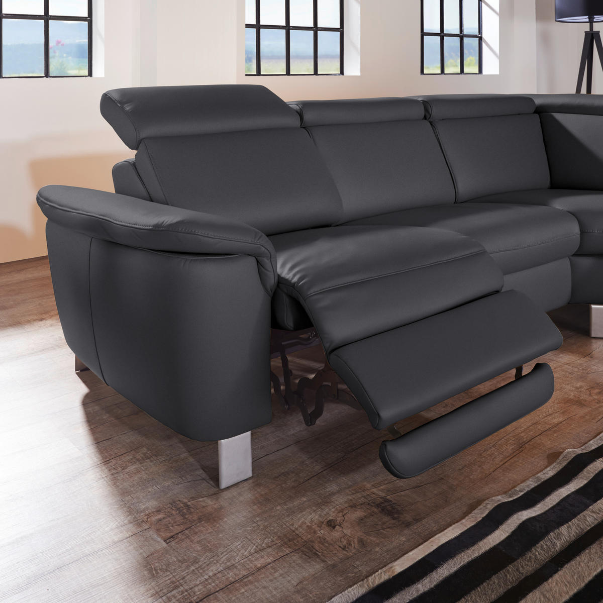 ECKSOFA in Echtleder Schwarz  - Alufarben/Schwarz, Design, Leder/Metall (271/239cm) - Cantus