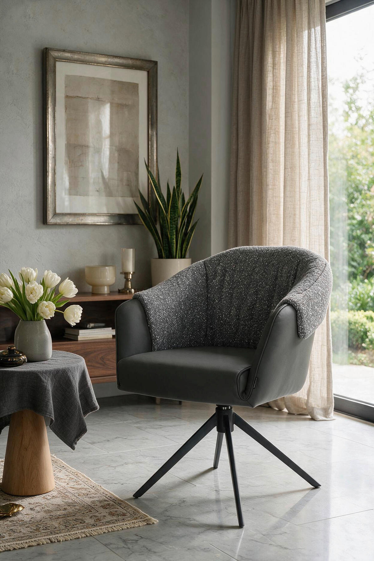 ARMLEHNSTUHL  Sitzfläche 360° drehbar, automatische Rückholfunktion Lederlook, Leinenoptik  Grau, Schwarz  - Schwarz/Grau, Design, Textil/Metall (68,5/83/65,5cm) - Carryhome